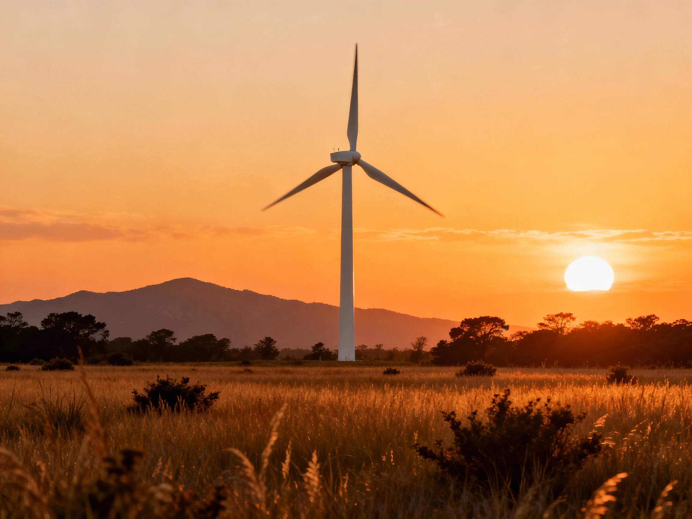 A large white wind turbine at vibrant orange sunset