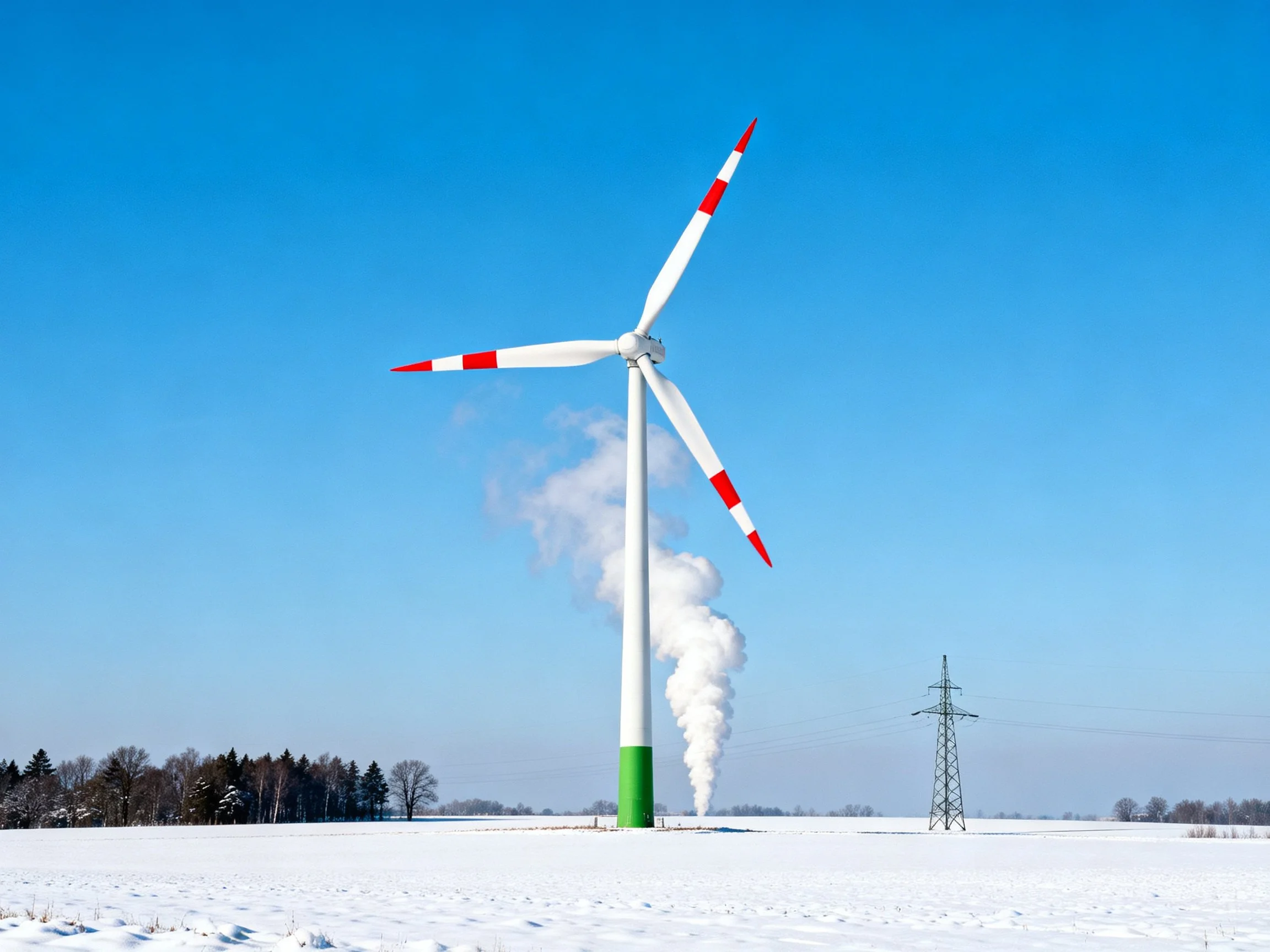 A large wind turbine with red-white blades in a snowy open field