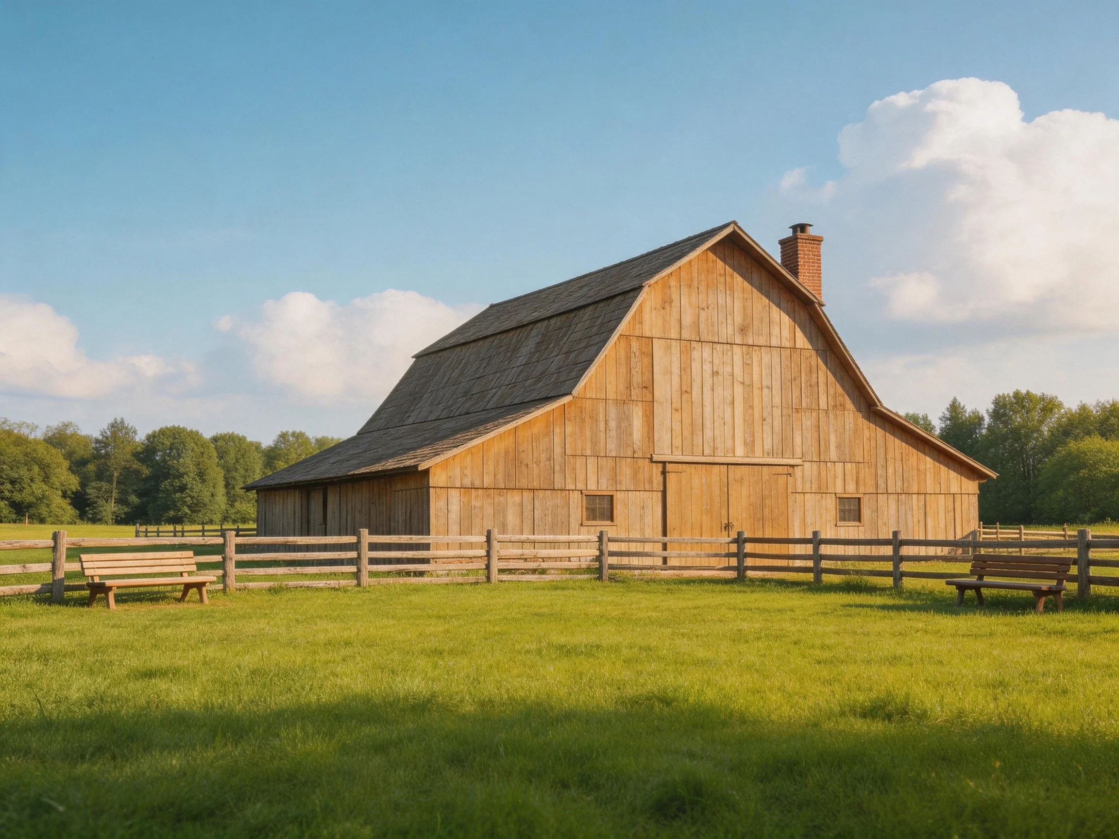 A large wooden barn near a fenced green field
