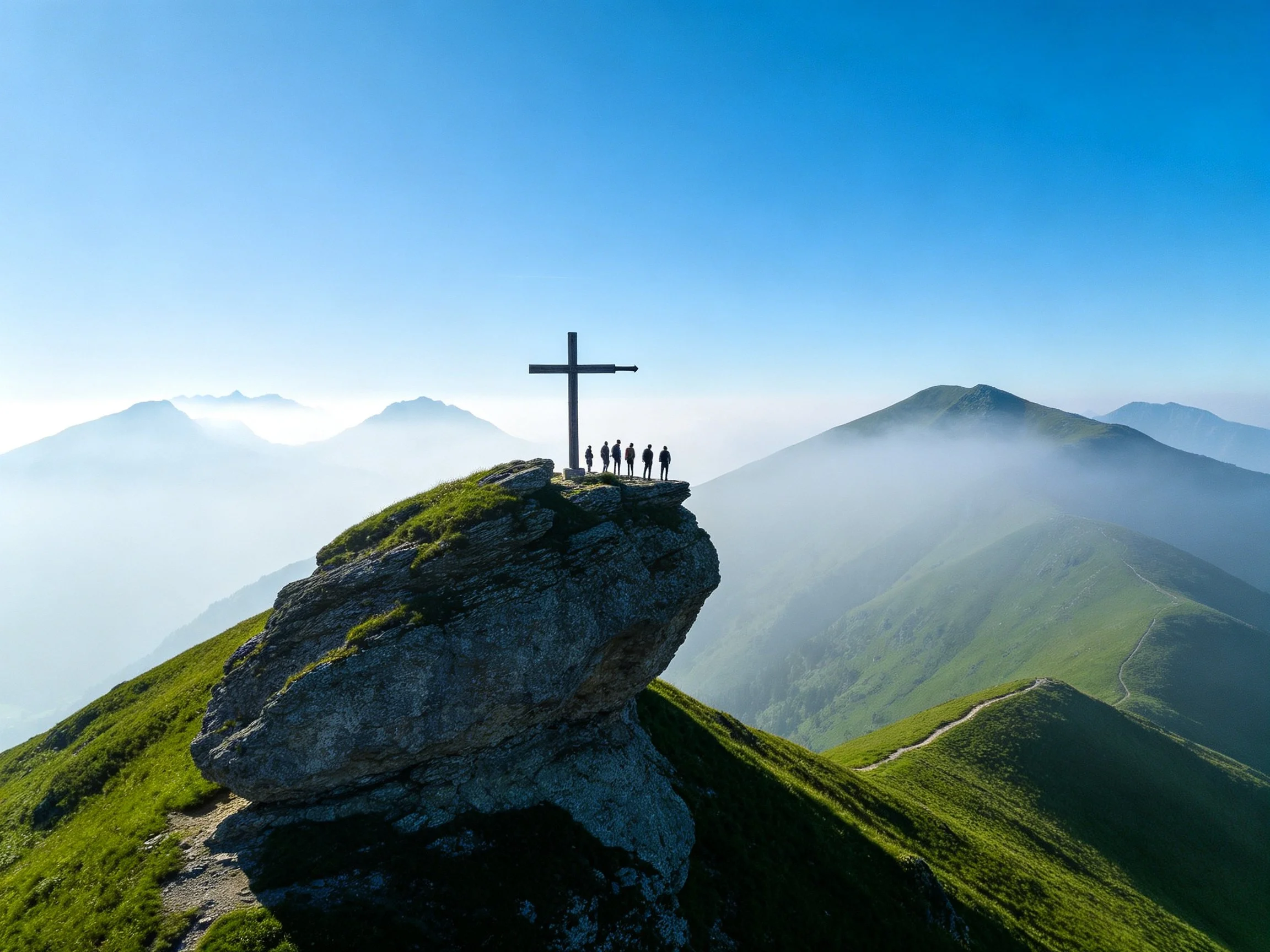 A large wooden cross atop a moss-covered rocky outcrop with hikers