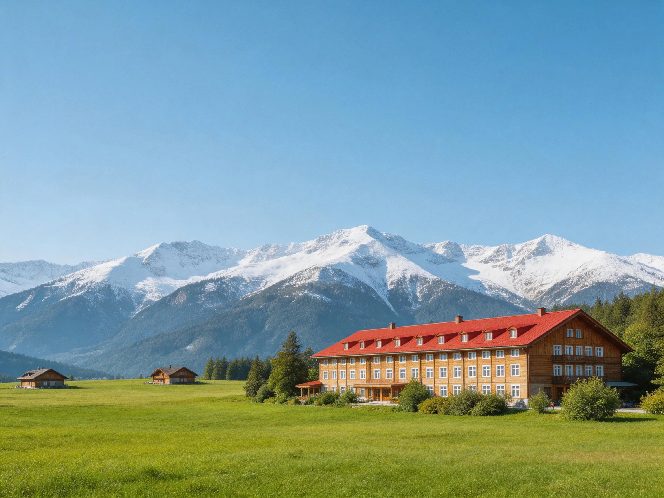 A large wooden lodge with red roof near snow-capped mountains