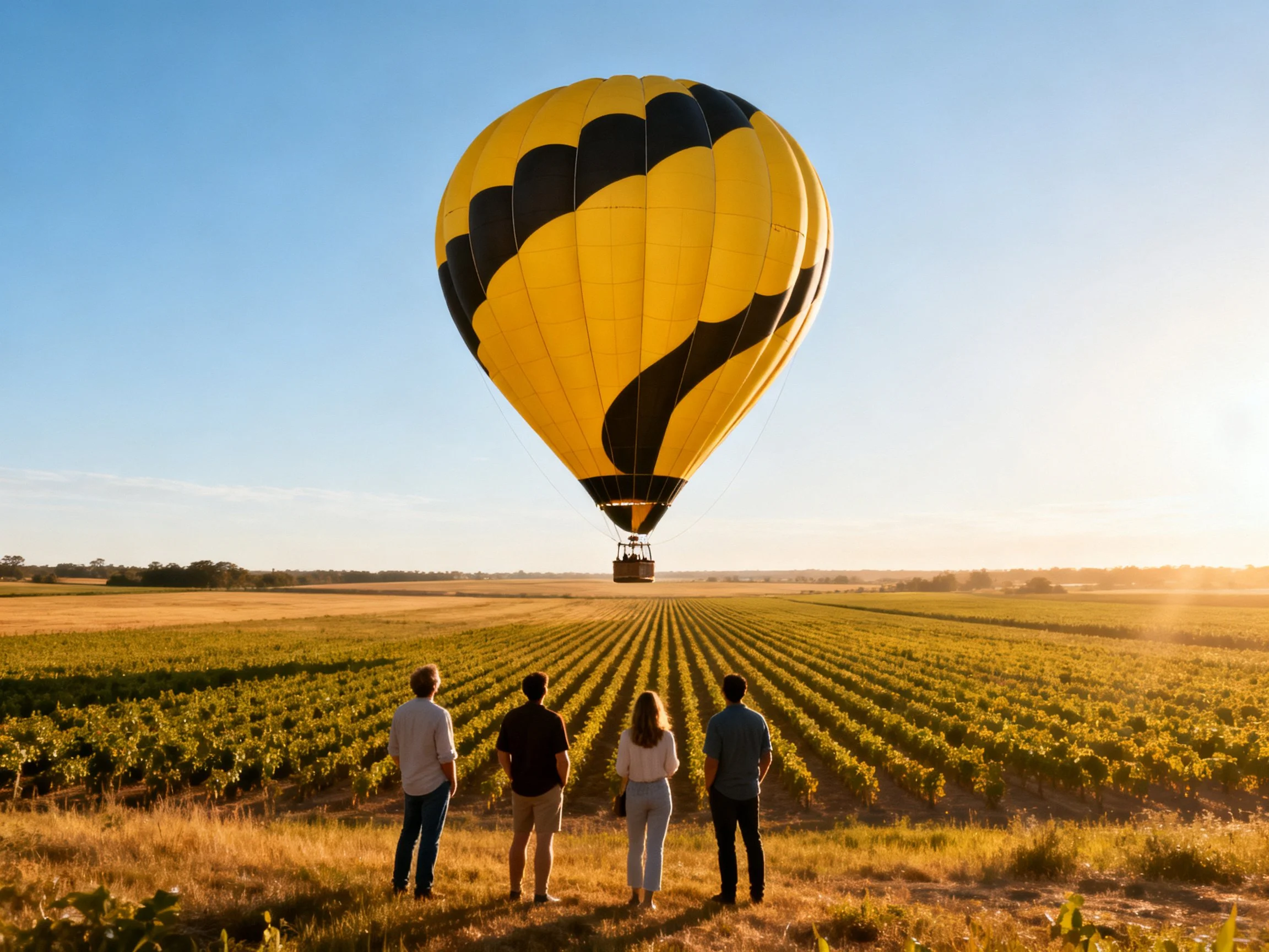 A large yellow and black hot air balloon hovers over a vineyard field