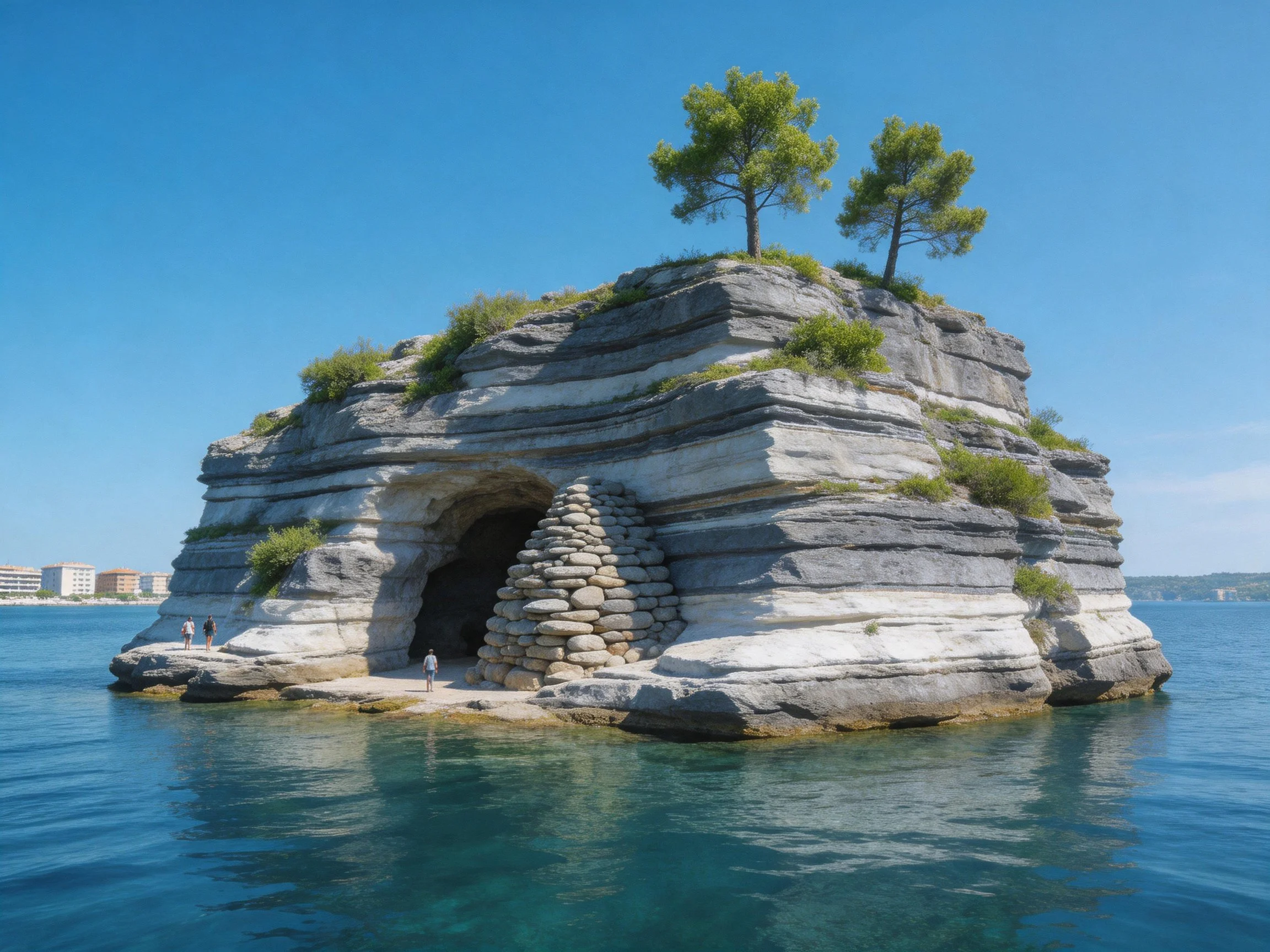 A layered rock formation with two pine trees, cave entrance, in turquoise water