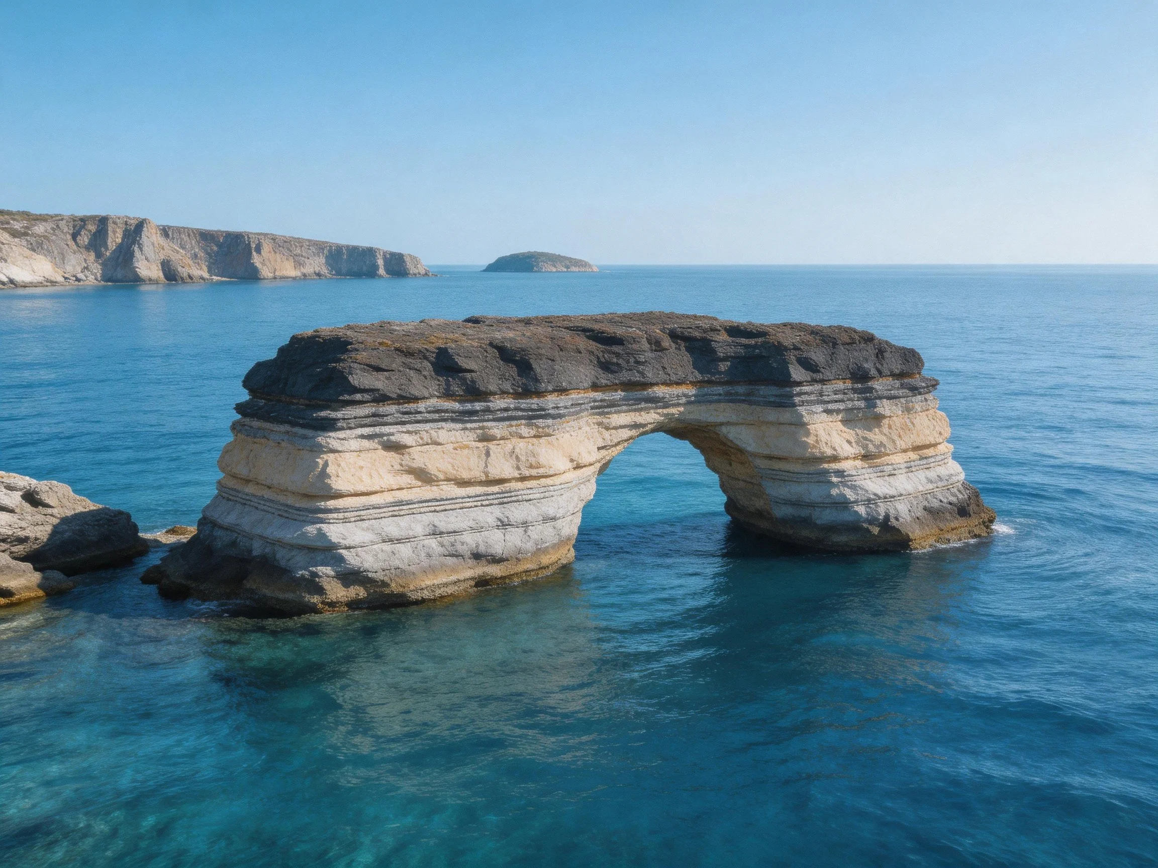 A layered stone arch spans turquoise waters near coastal cliffs