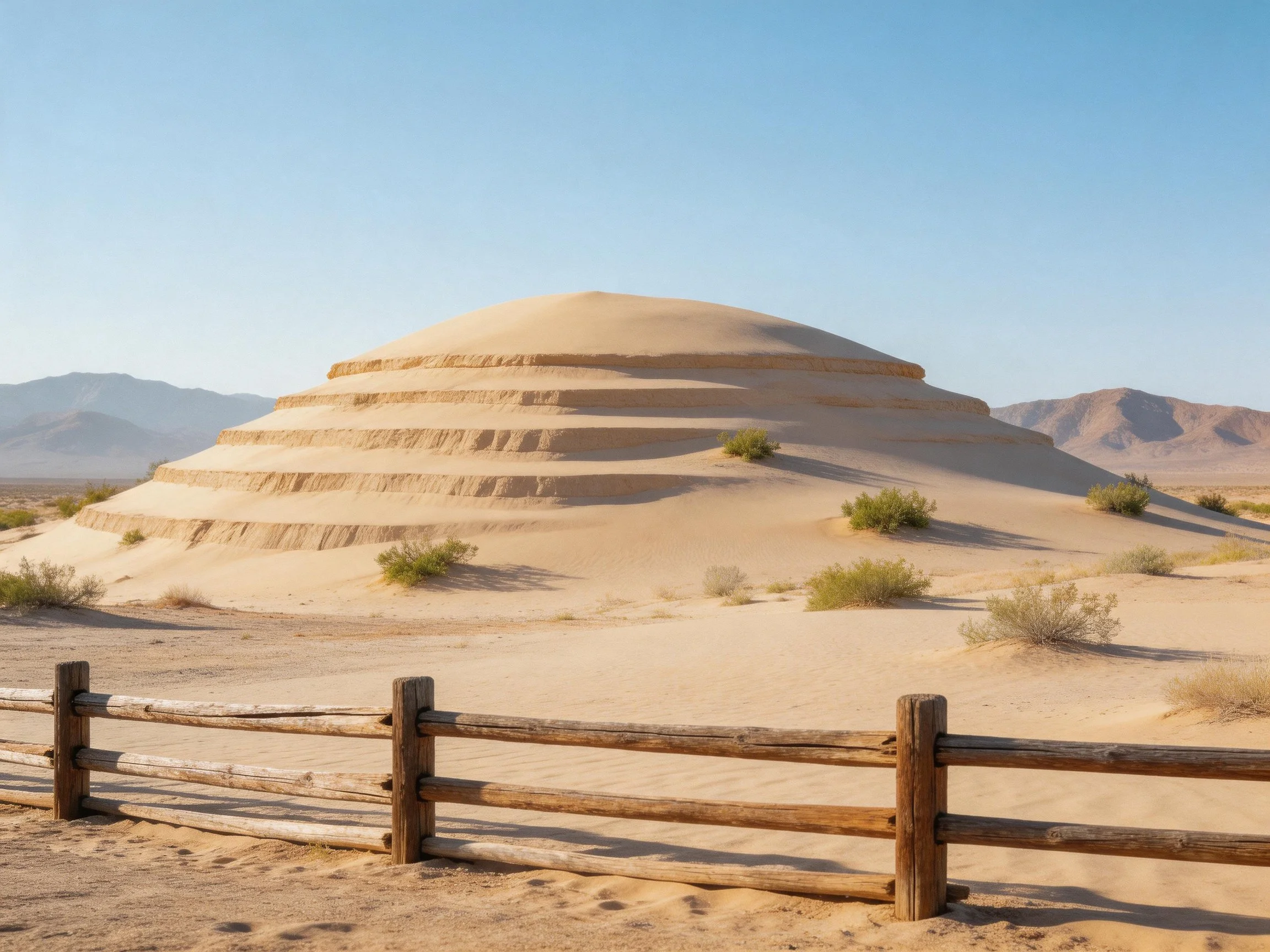 A layered tan sand mound in a desert with a wooden fence