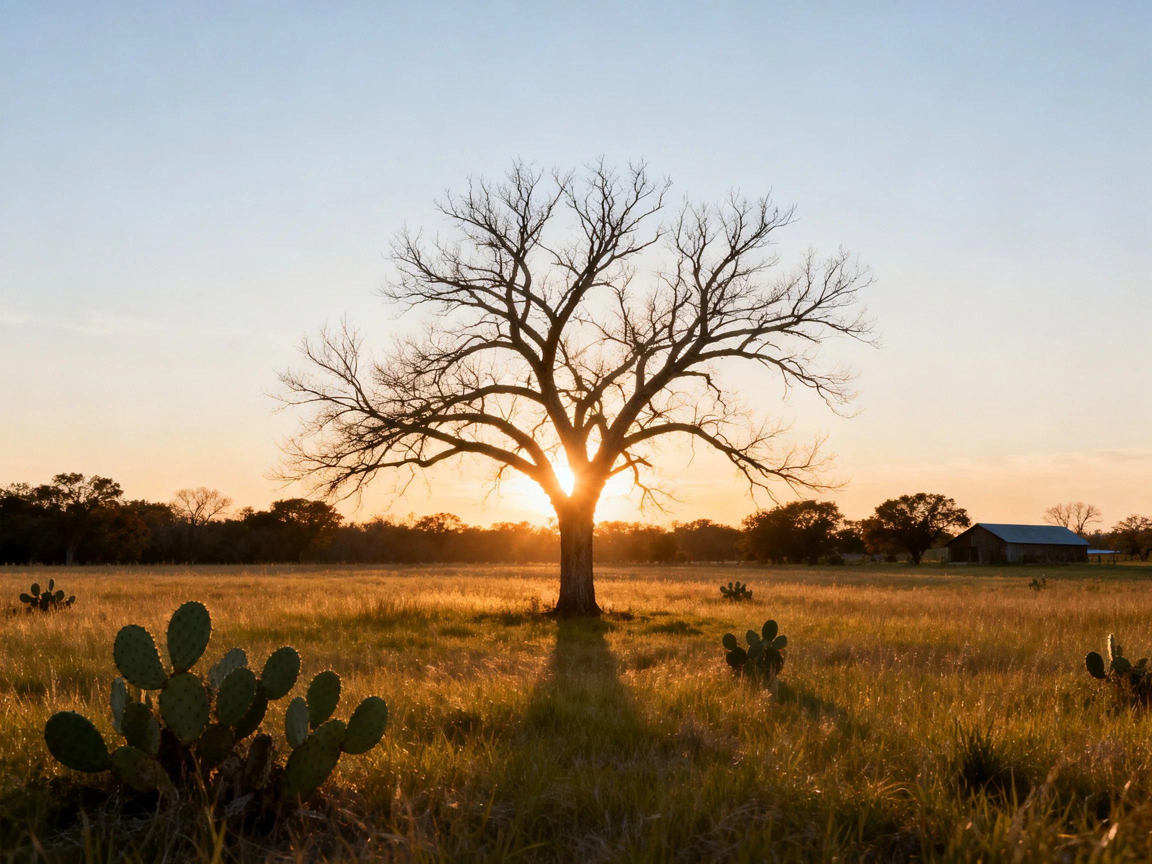 A leafless tree centered in a golden field at sunset