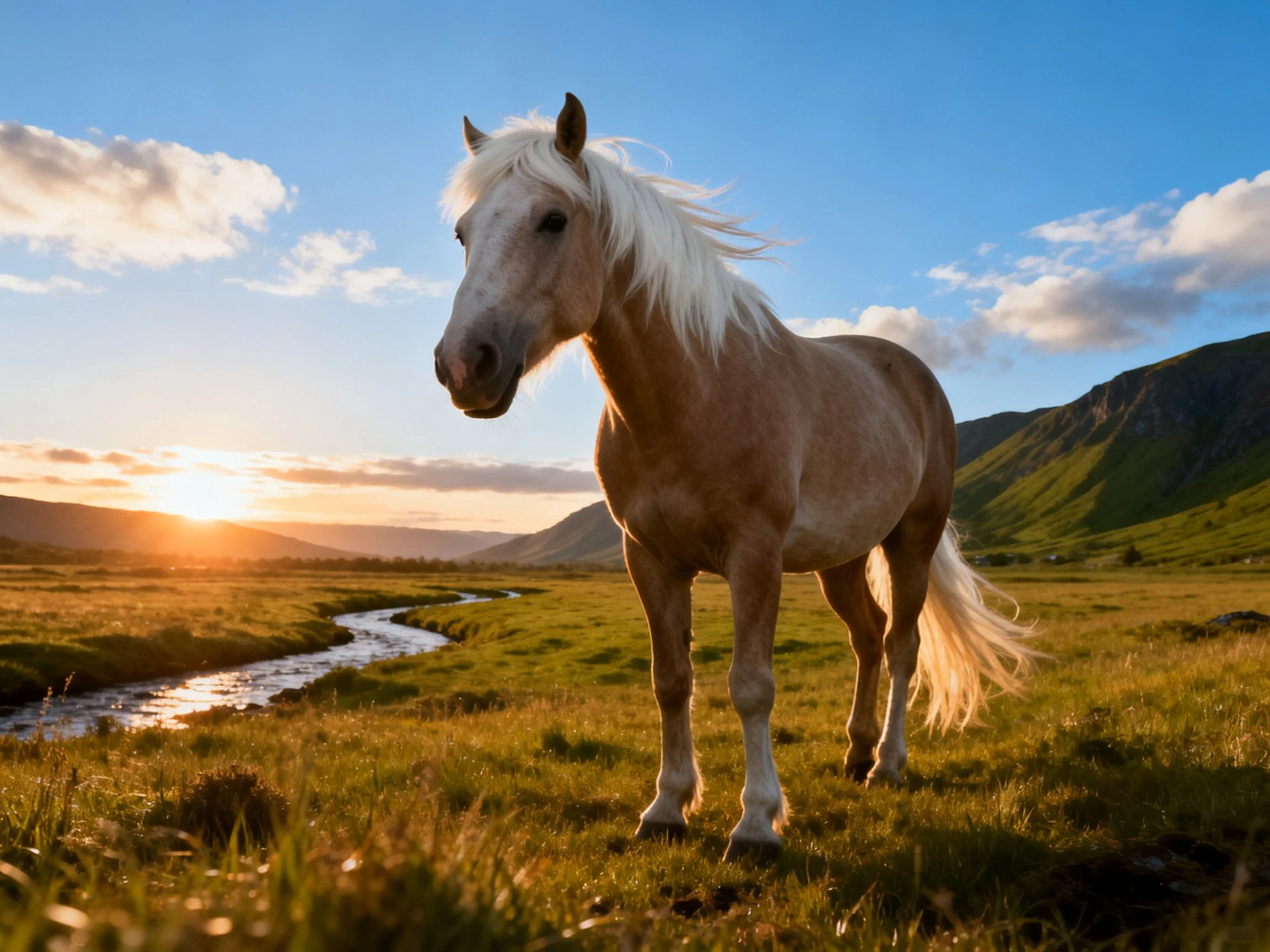 A light beige horse in a sun-drenched meadow with a winding stream