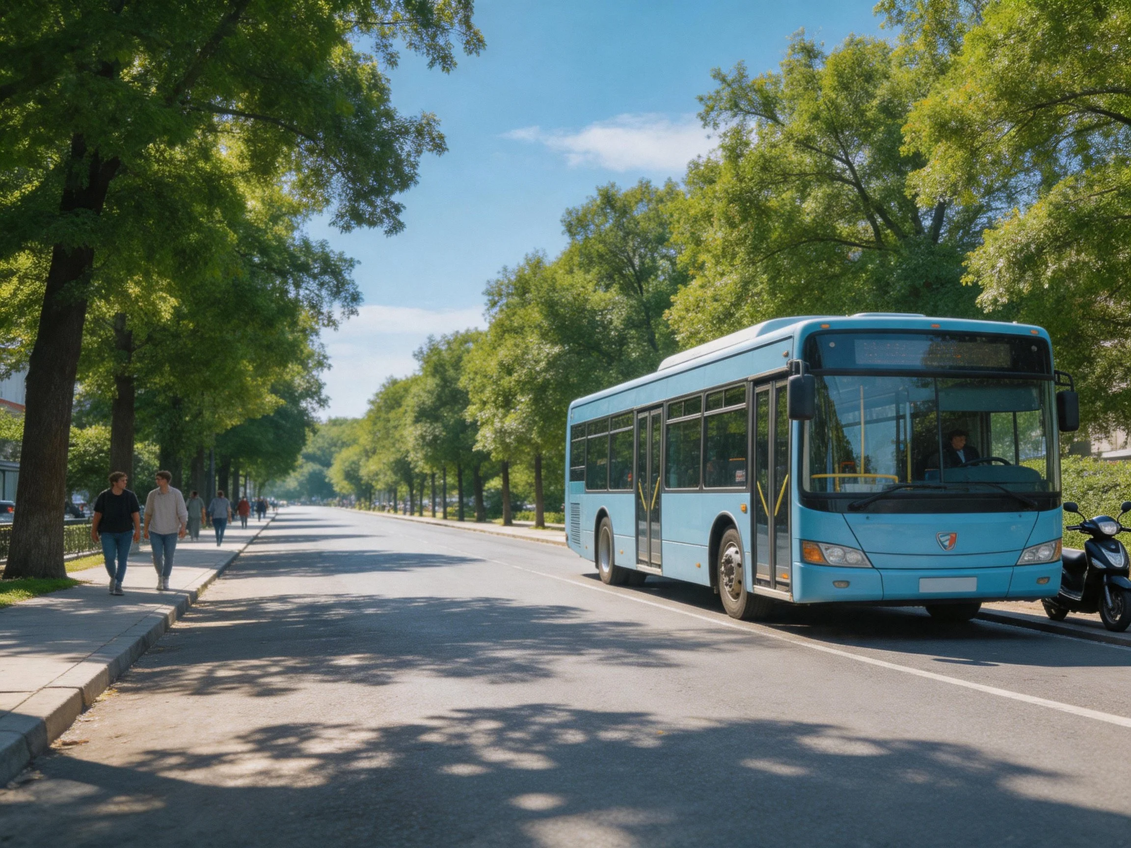 A light blue bus travels along a tree-lined city street