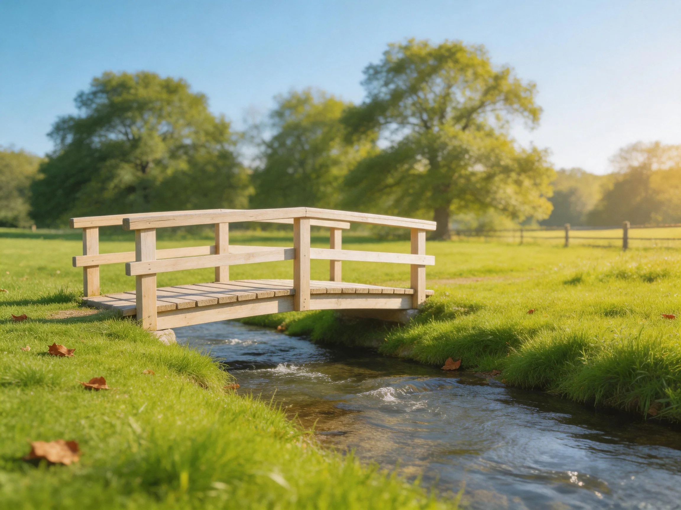 A light wooden bridge spans a small stream in a sunlit meadow