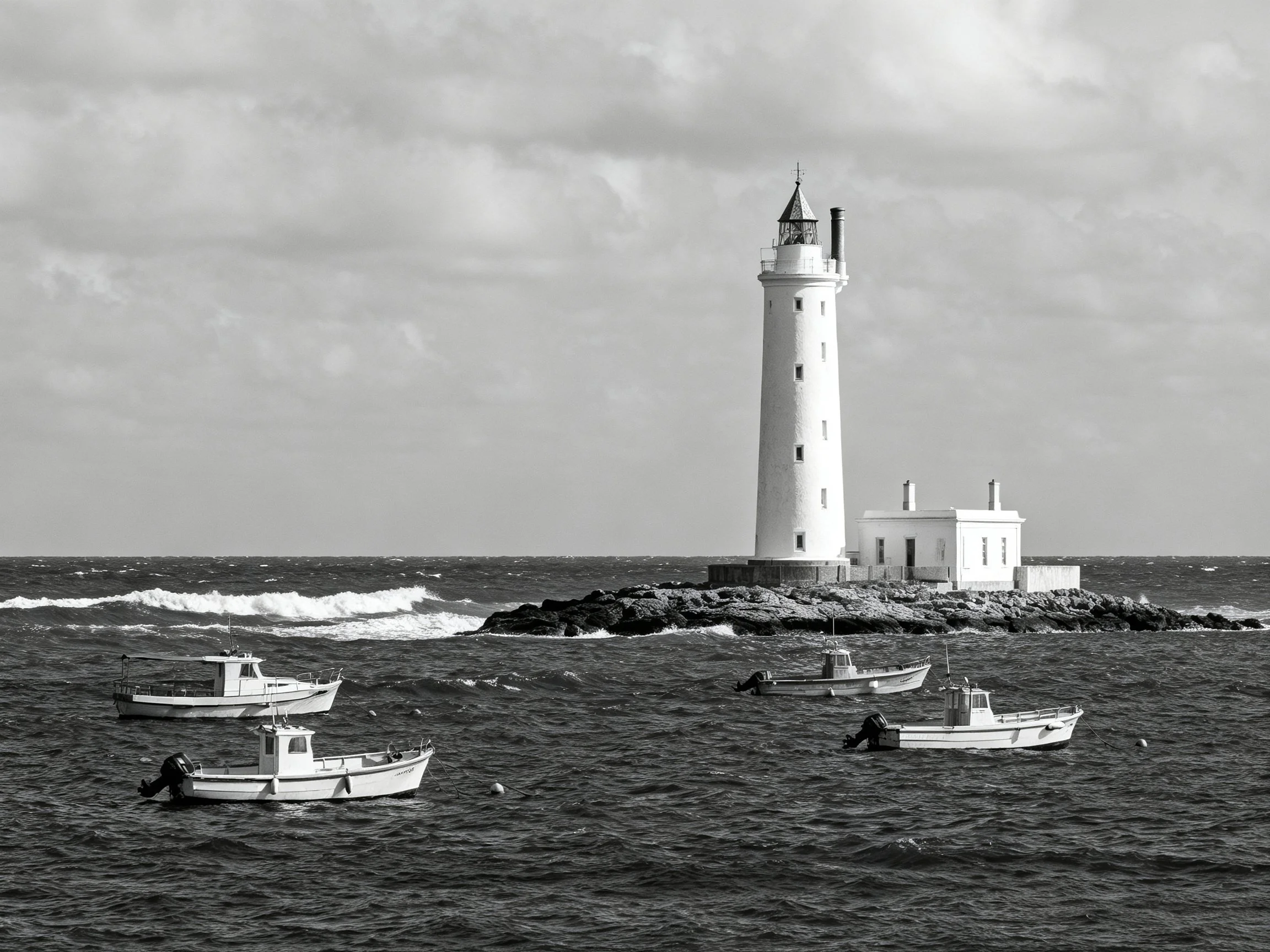 A lighthouse on a rocky outcrop with four fishing boats