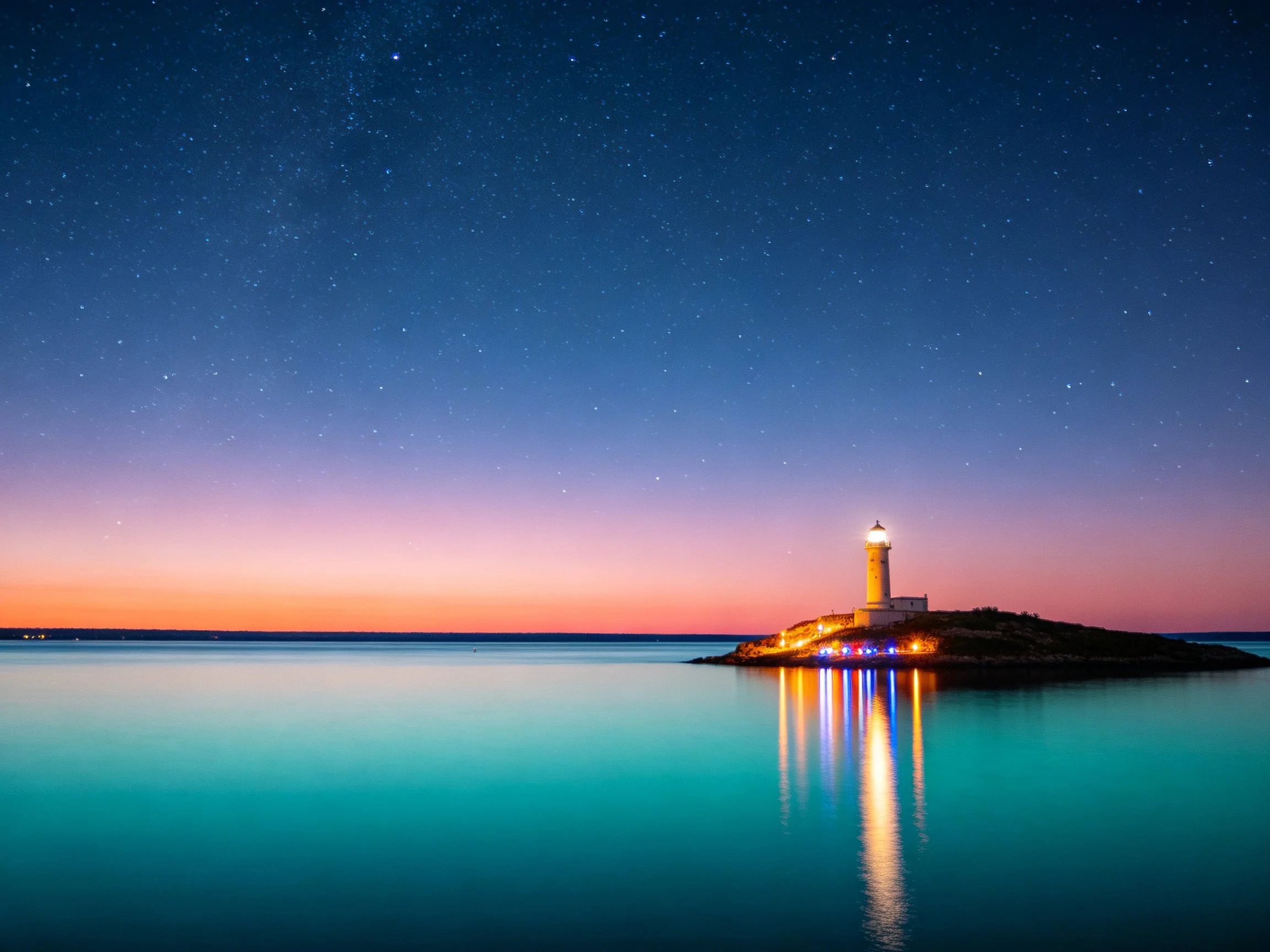 A lighthouse on a small island under a starry twilight sky