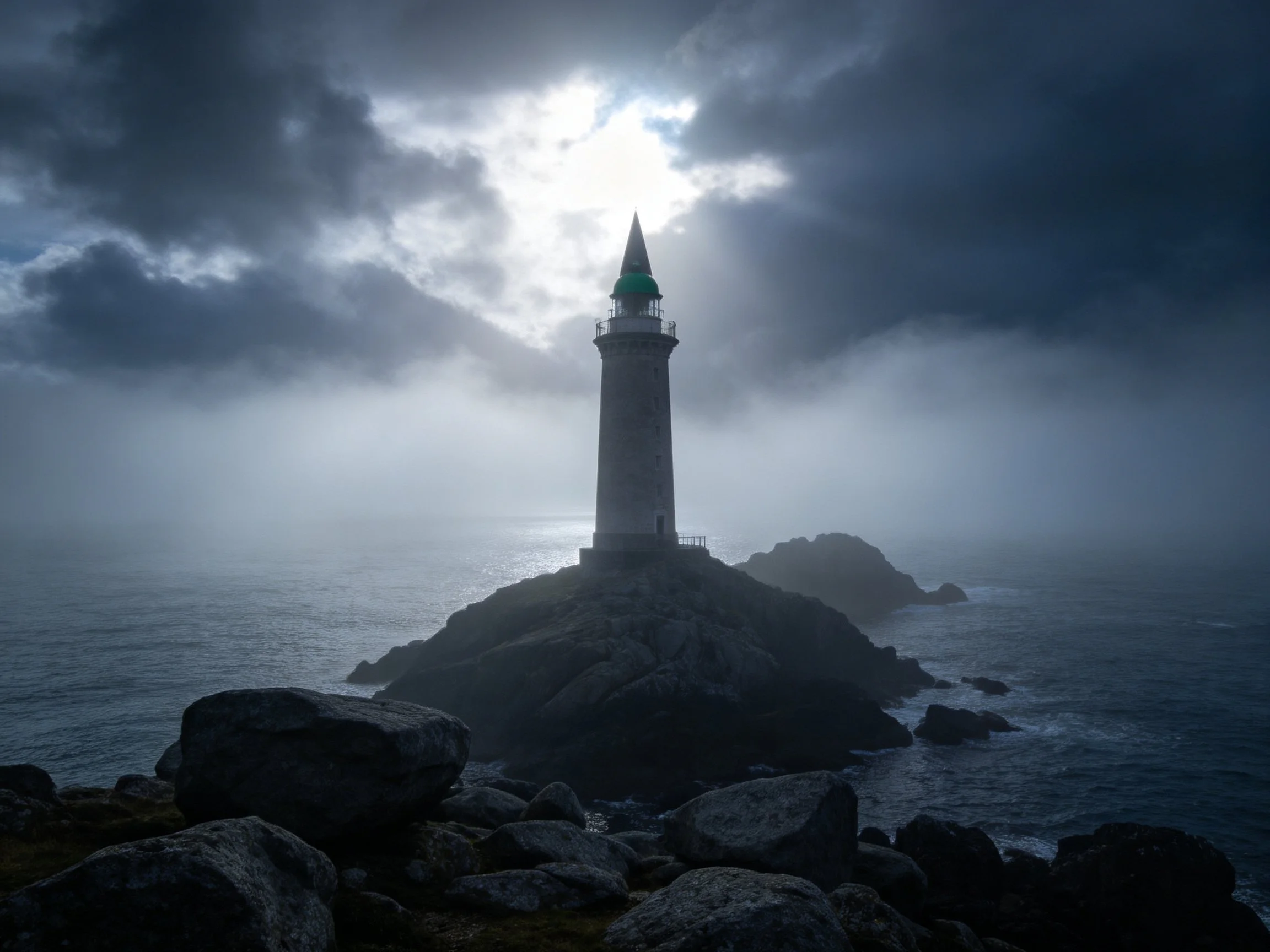 A lighthouse stands atop a rocky cliff amid stormy seas and dark clouds