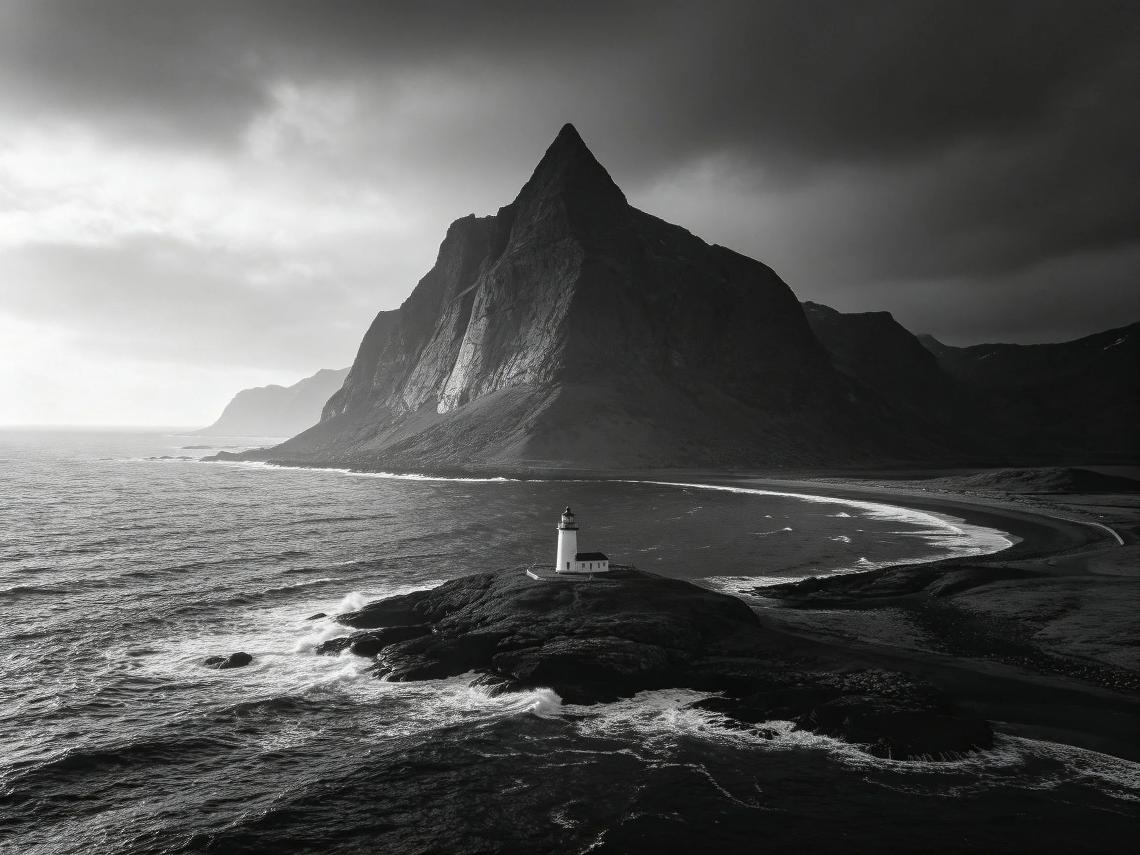 A lighthouse stands by a towering mountain on a stormy coast