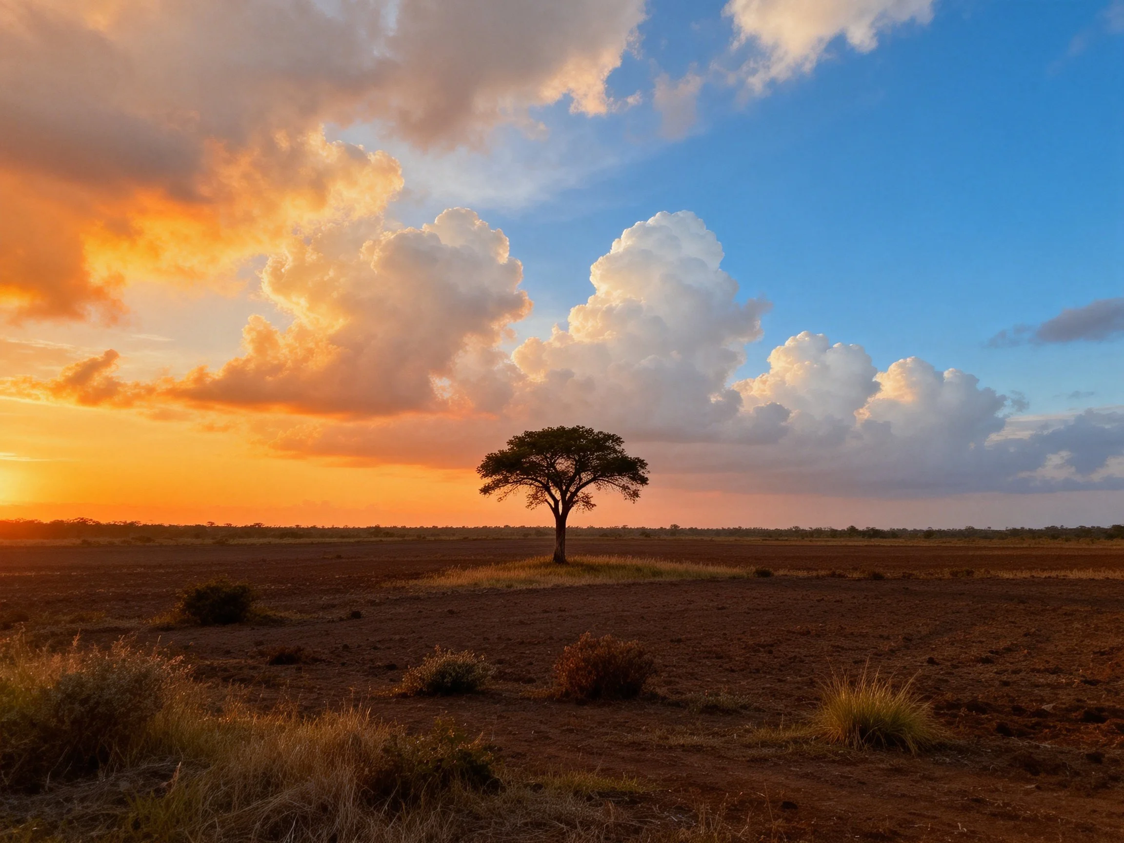 A lone acacia tree in a vast savannah under vibrant sunset skies