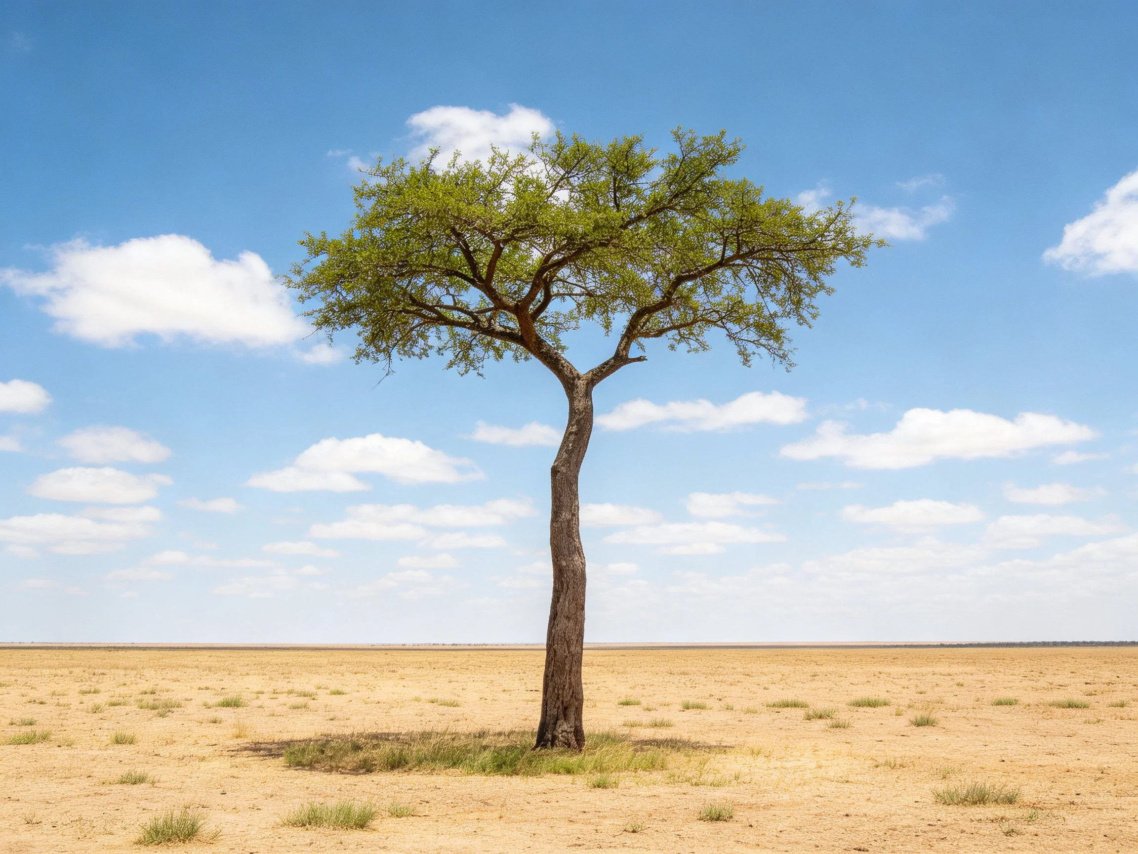 A lone acacia tree stands in an expansive golden plain