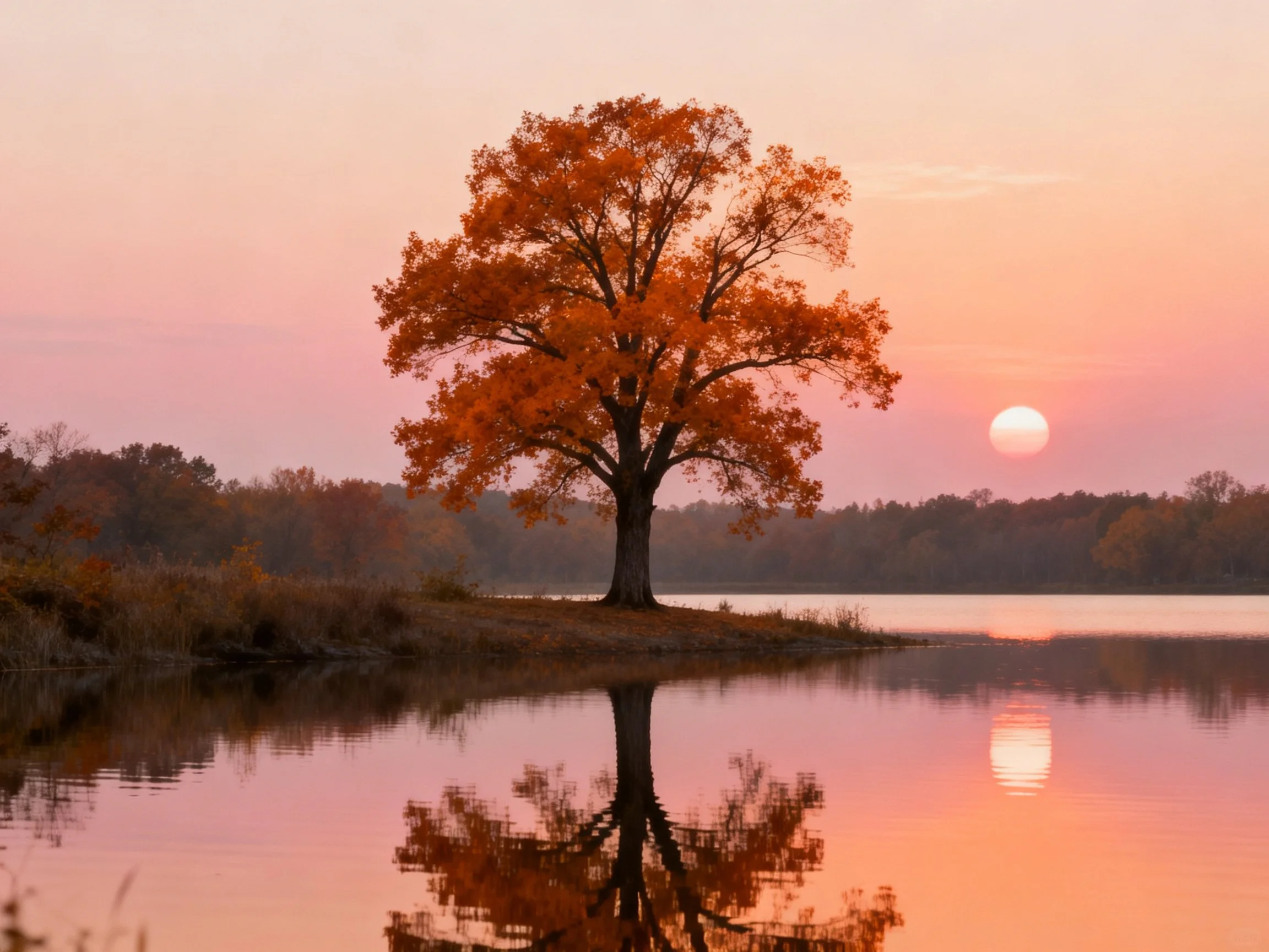 A lone autumn tree reflects in calm waters at sunset