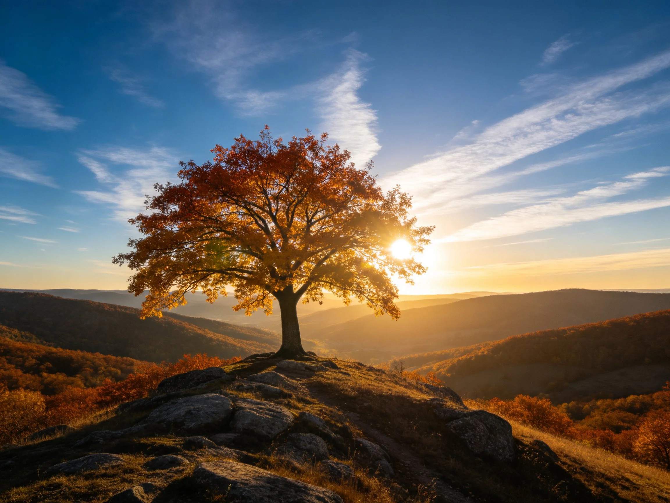 A lone autumn tree stands atop a rocky hill during golden hour