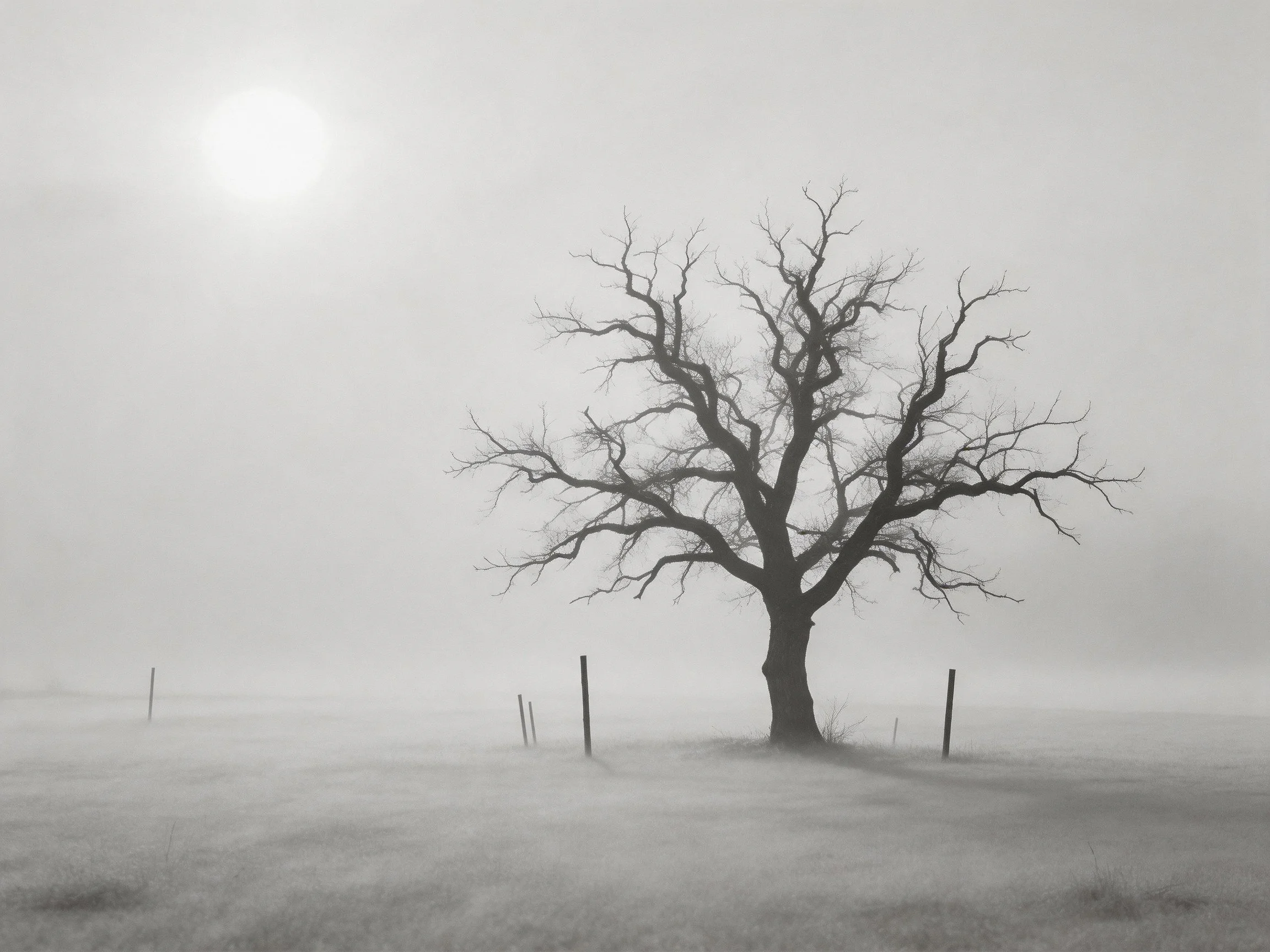 A lone bare-branched tree in thick fog with fence posts
