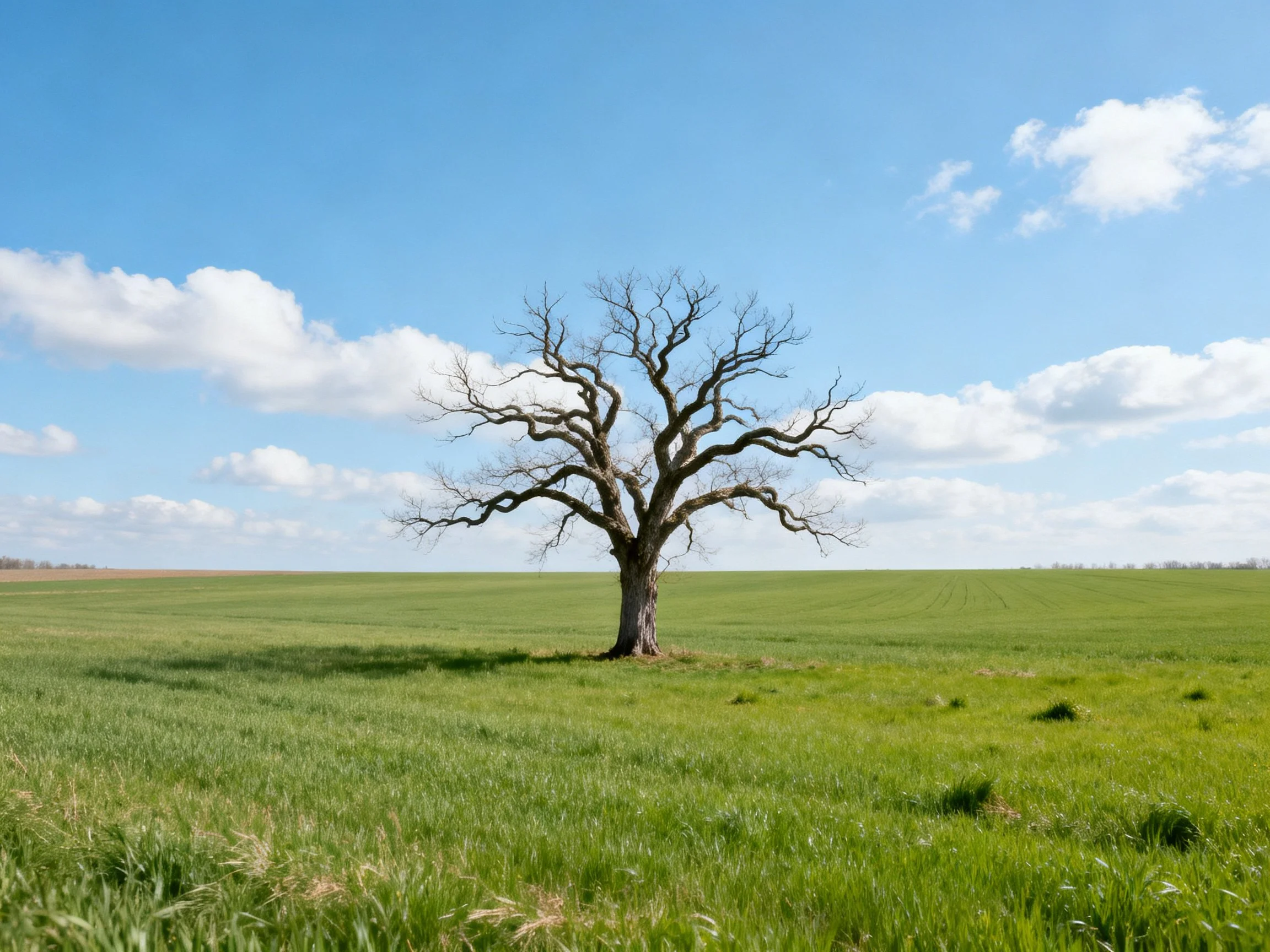 A lone bare-branched tree stands in vast green field under bright blue sky
