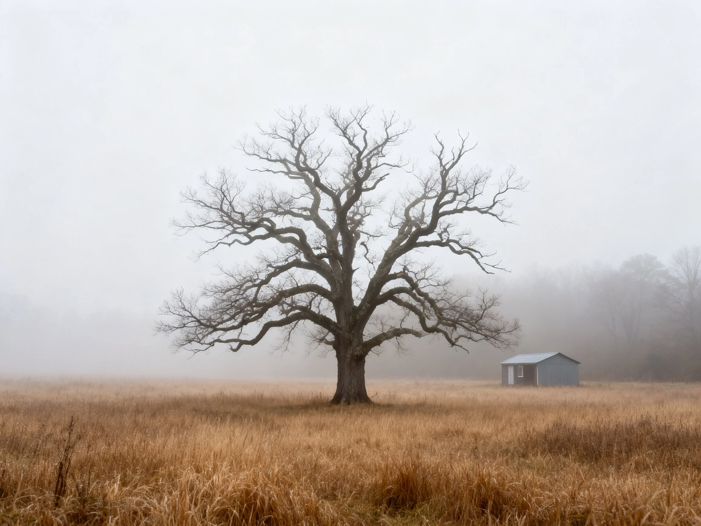 A lone bare oak tree in a foggy golden field neara small gray shed