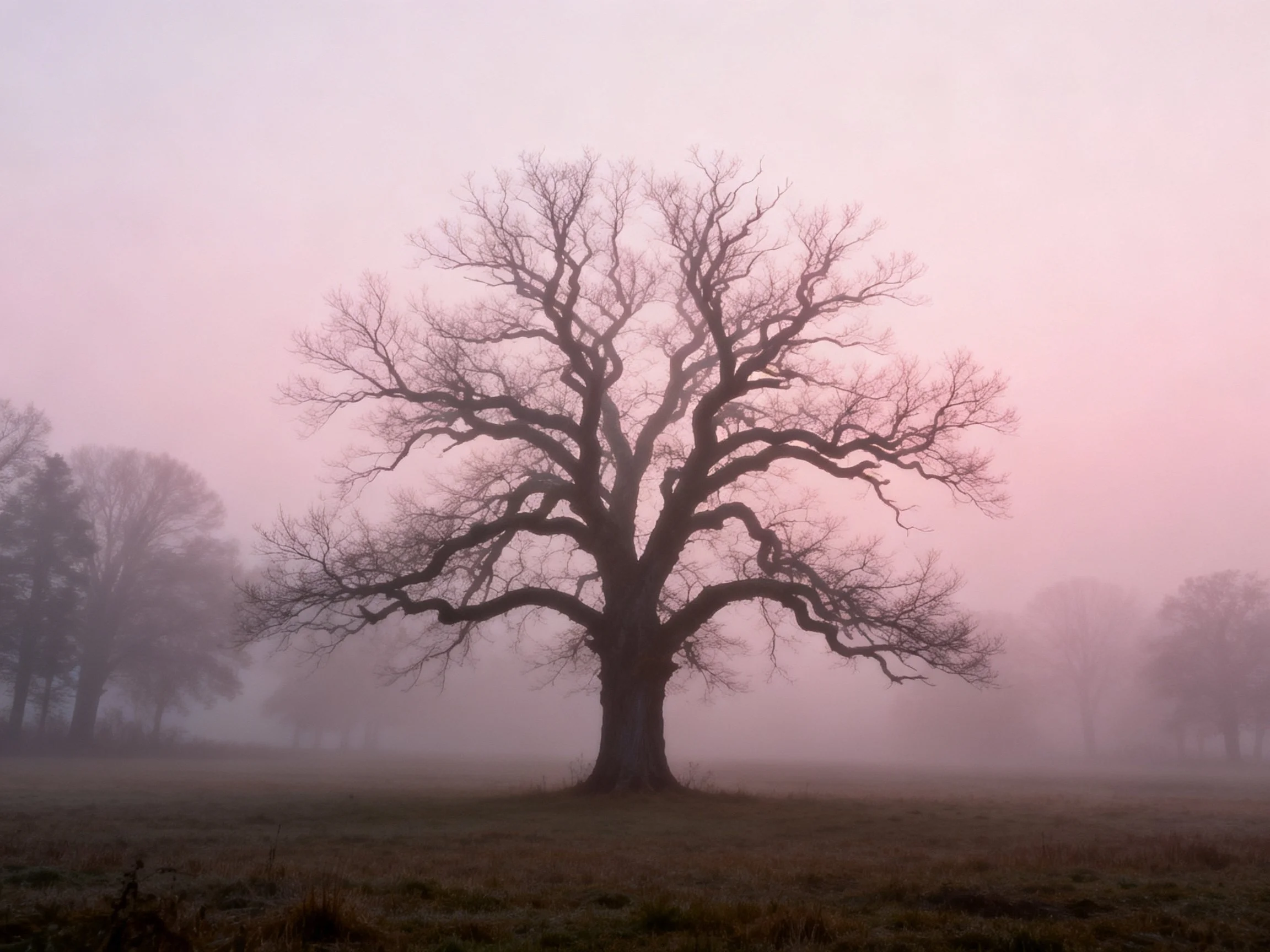 A lone bare oak tree stands in a misty pink-hued field