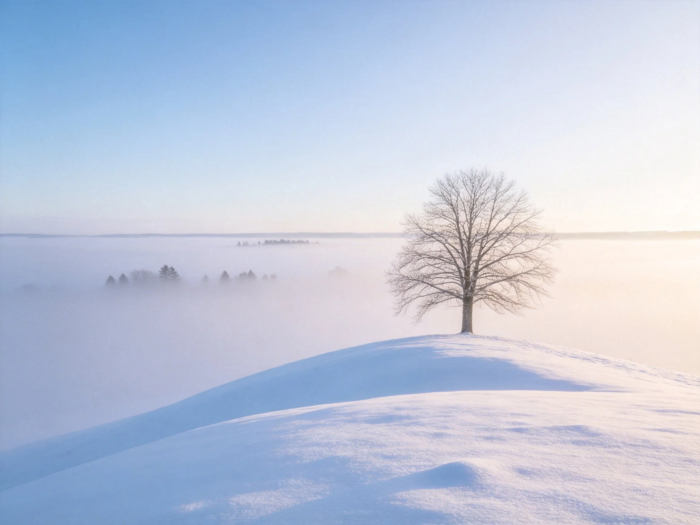A lone bare tree atop a snow - covered hill amid morning fog