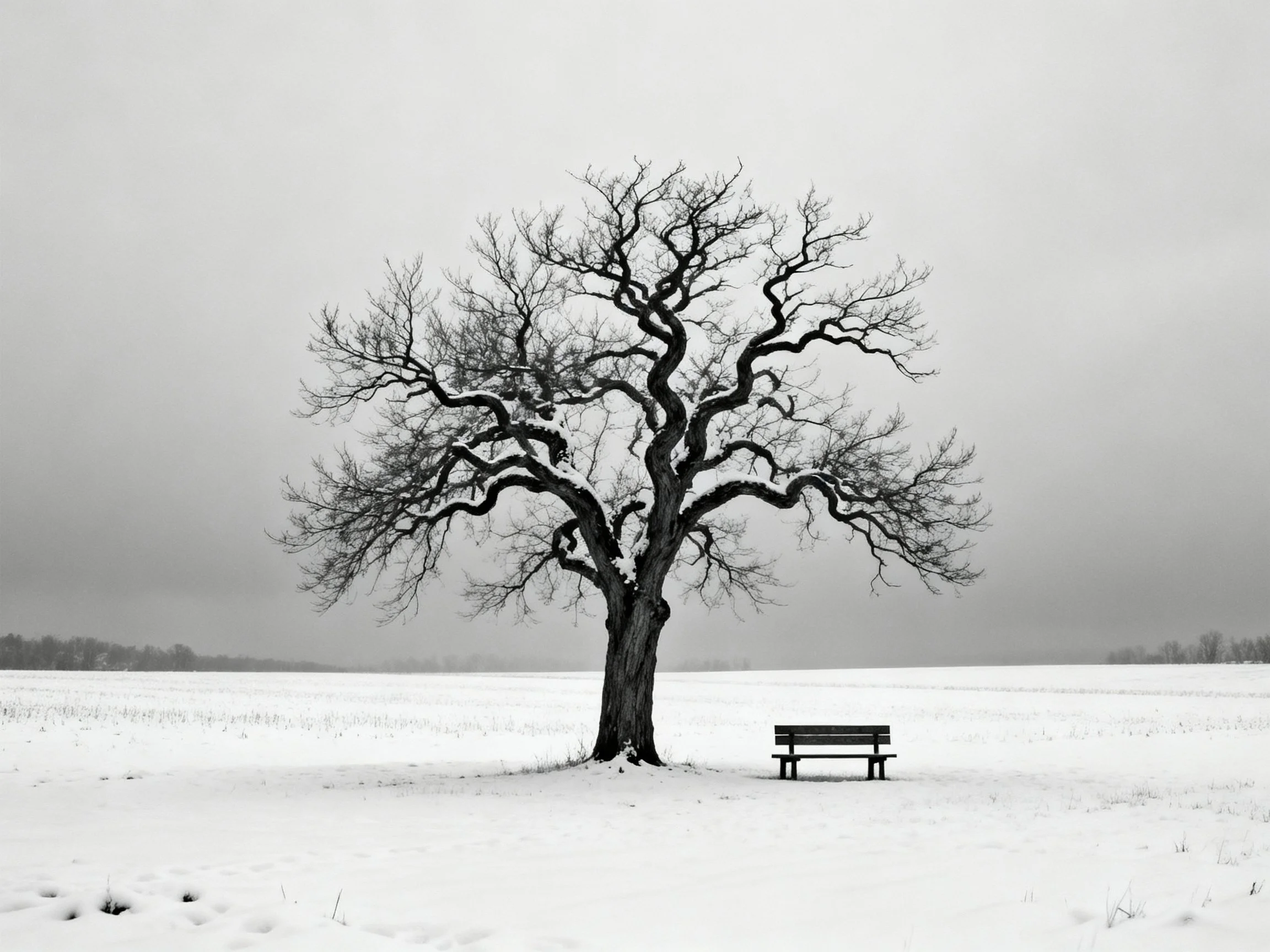 A lone bare tree beside a bench in a snowy field