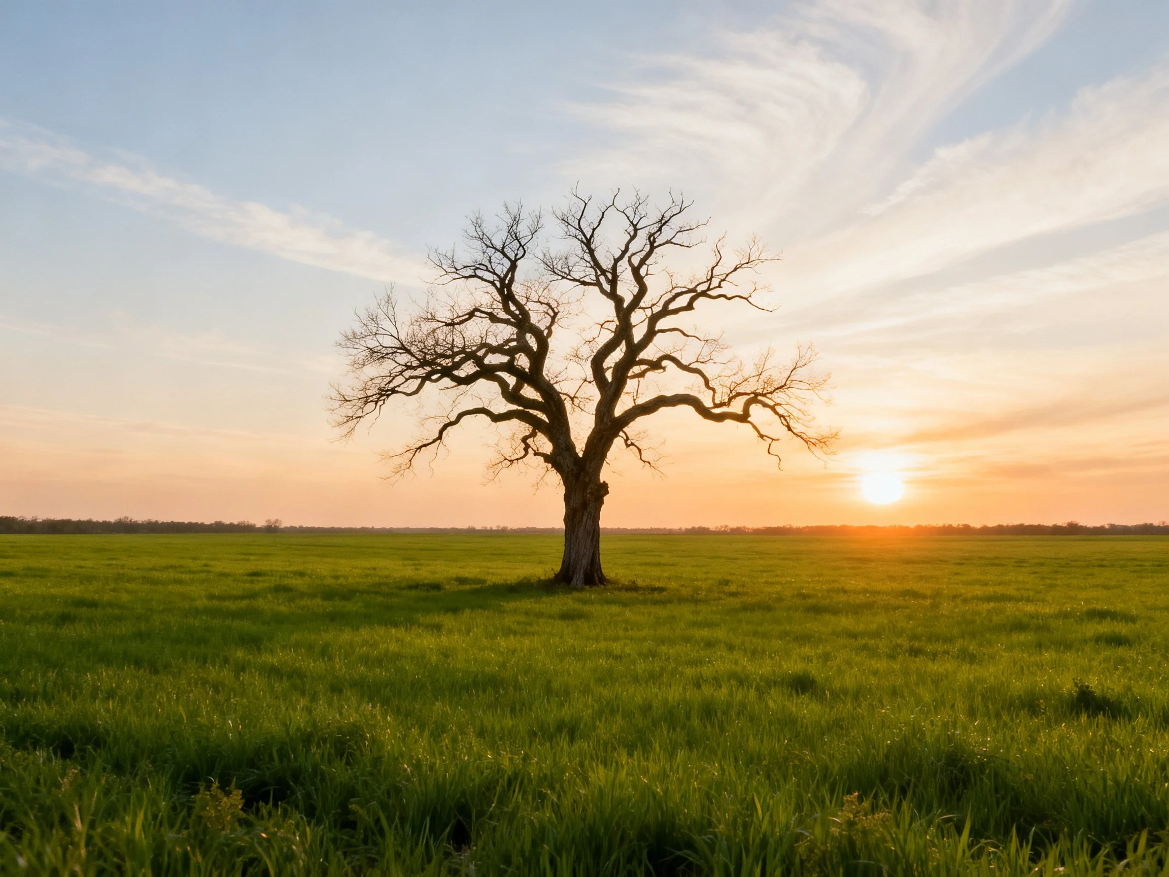 A lone bare tree in a vast green meadow at sunset