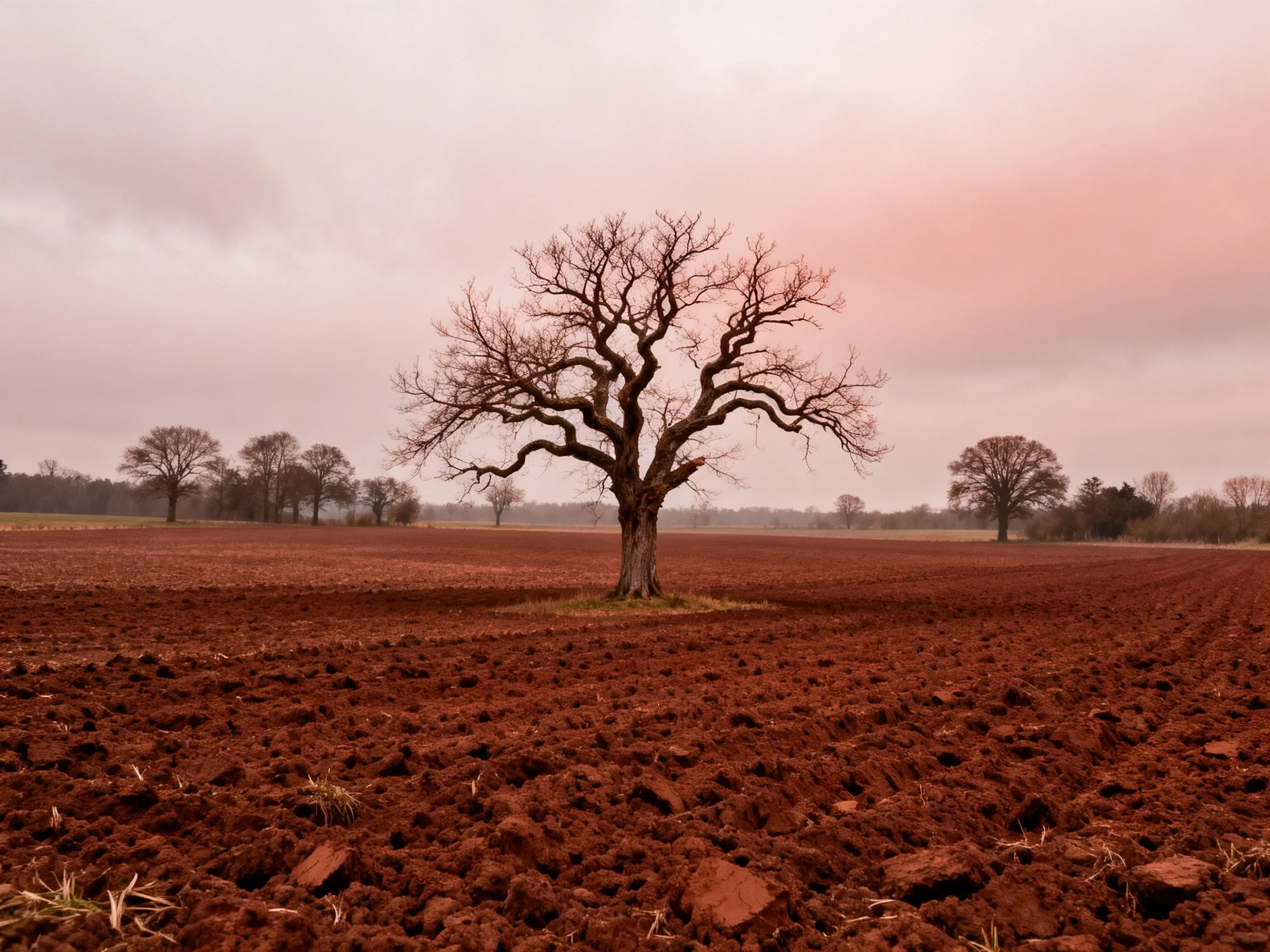 A lone bare tree in a vast reddish-brown plowed field