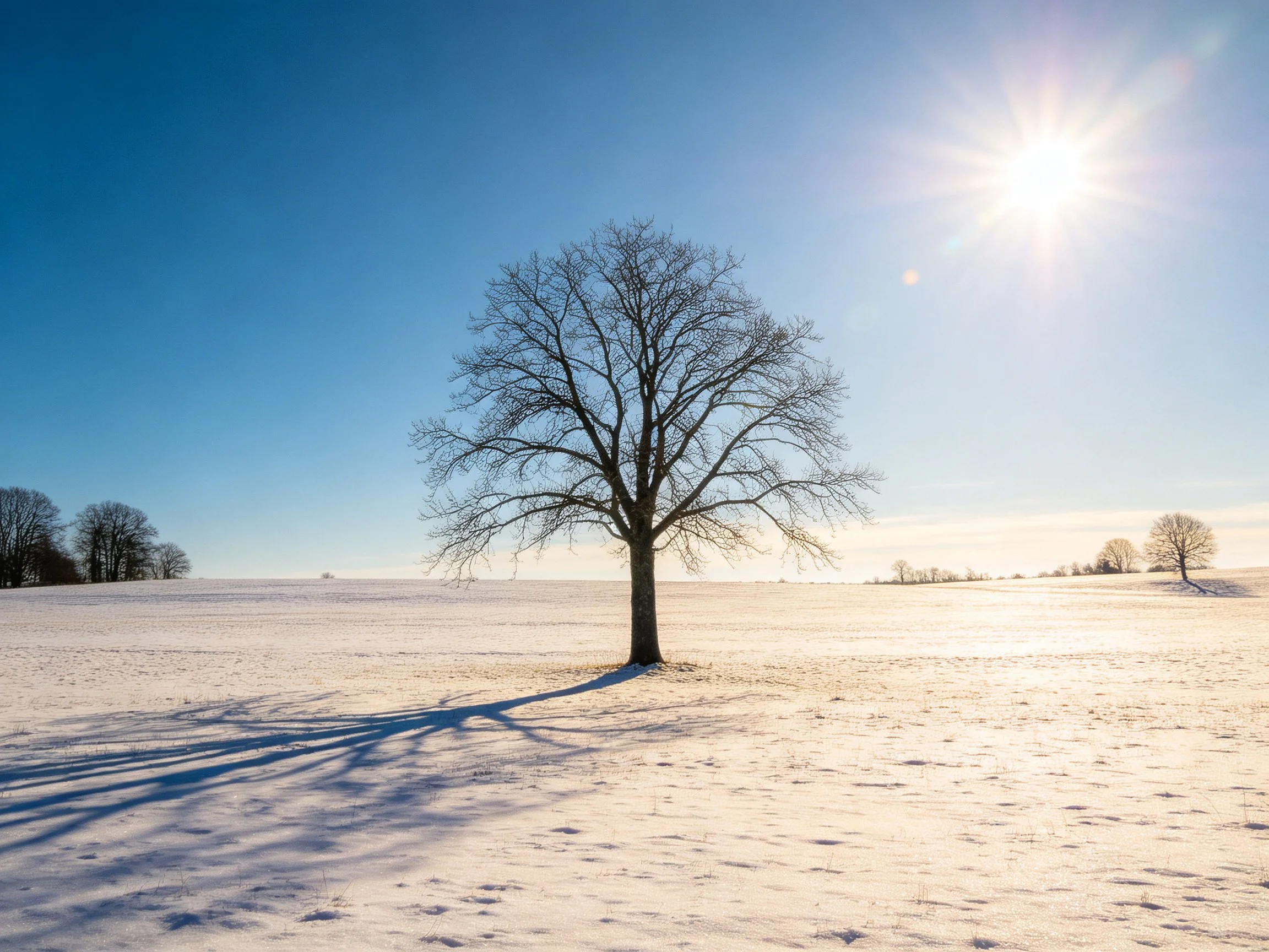 A lone bare tree in a vast snowy field under bright sunlight