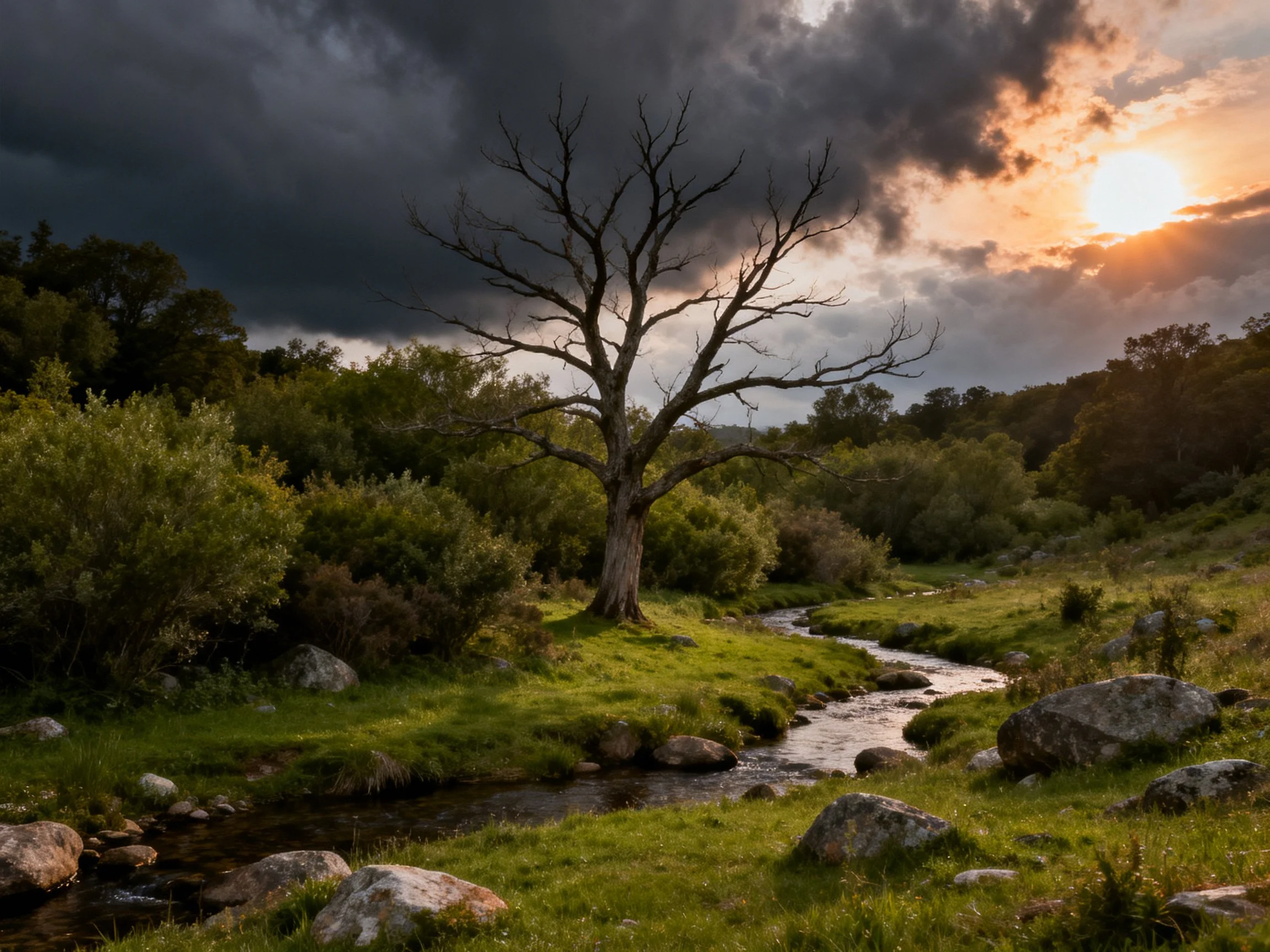 A lone bare tree near a winding stream under stormy sunset skies