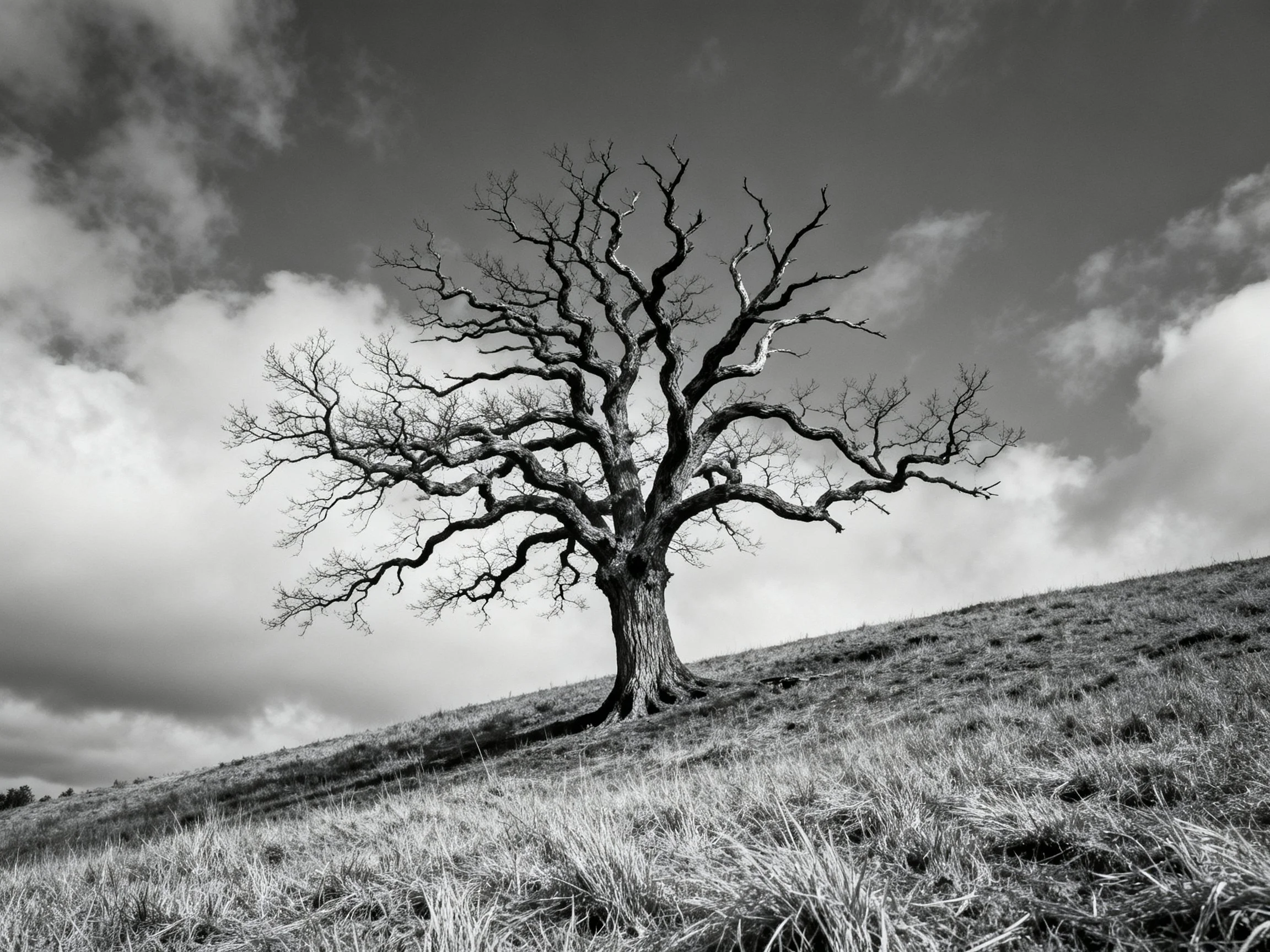 A lone bare tree on a grassy hillside under dramatic clouds