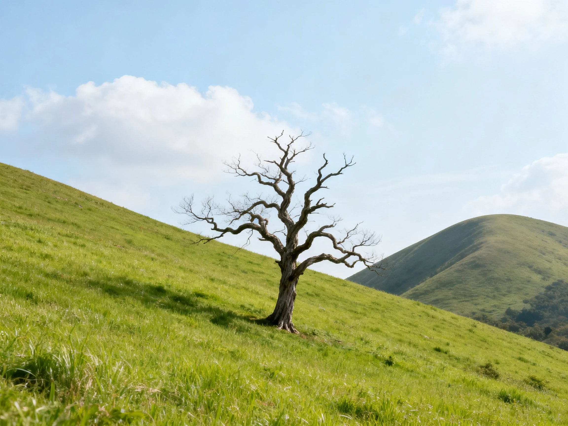 A lone bare tree on a verdant hillside with distant hills