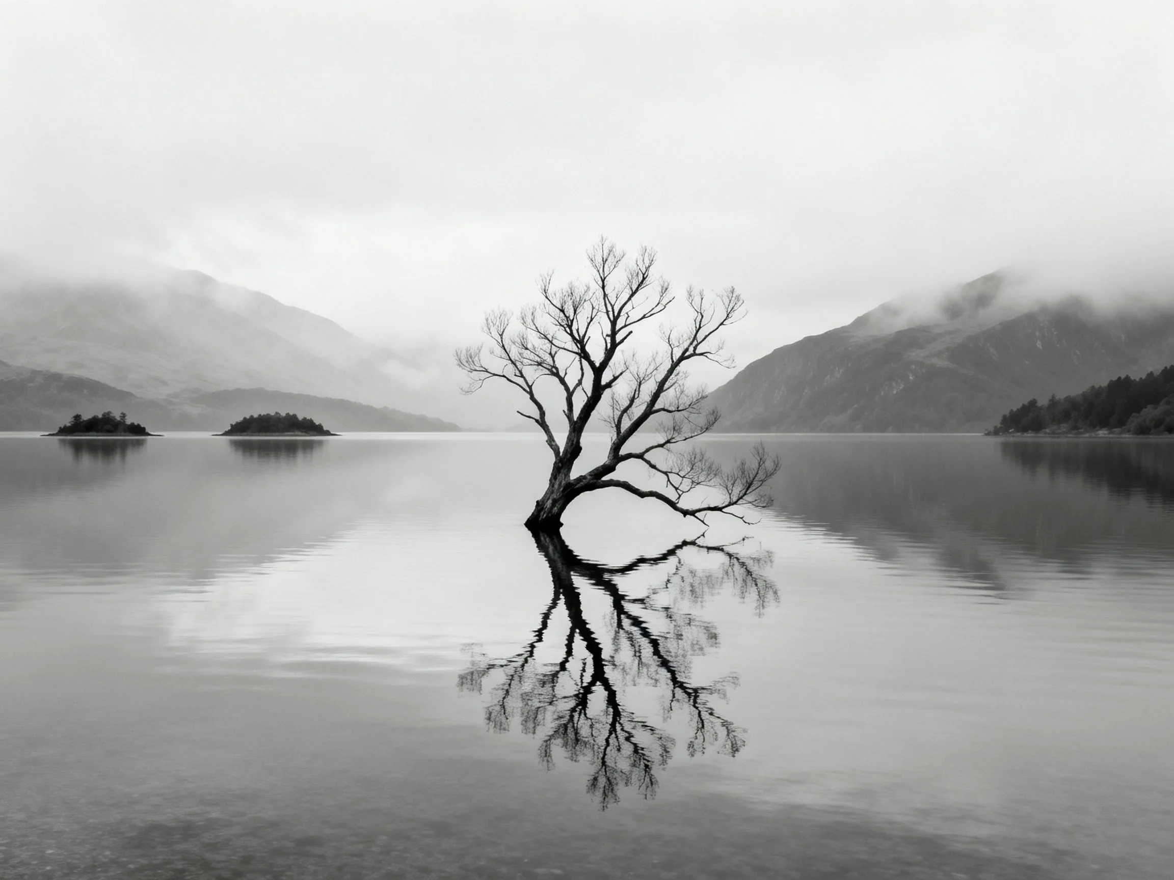 A lone bare tree reflected in a calm lake with misty mountains