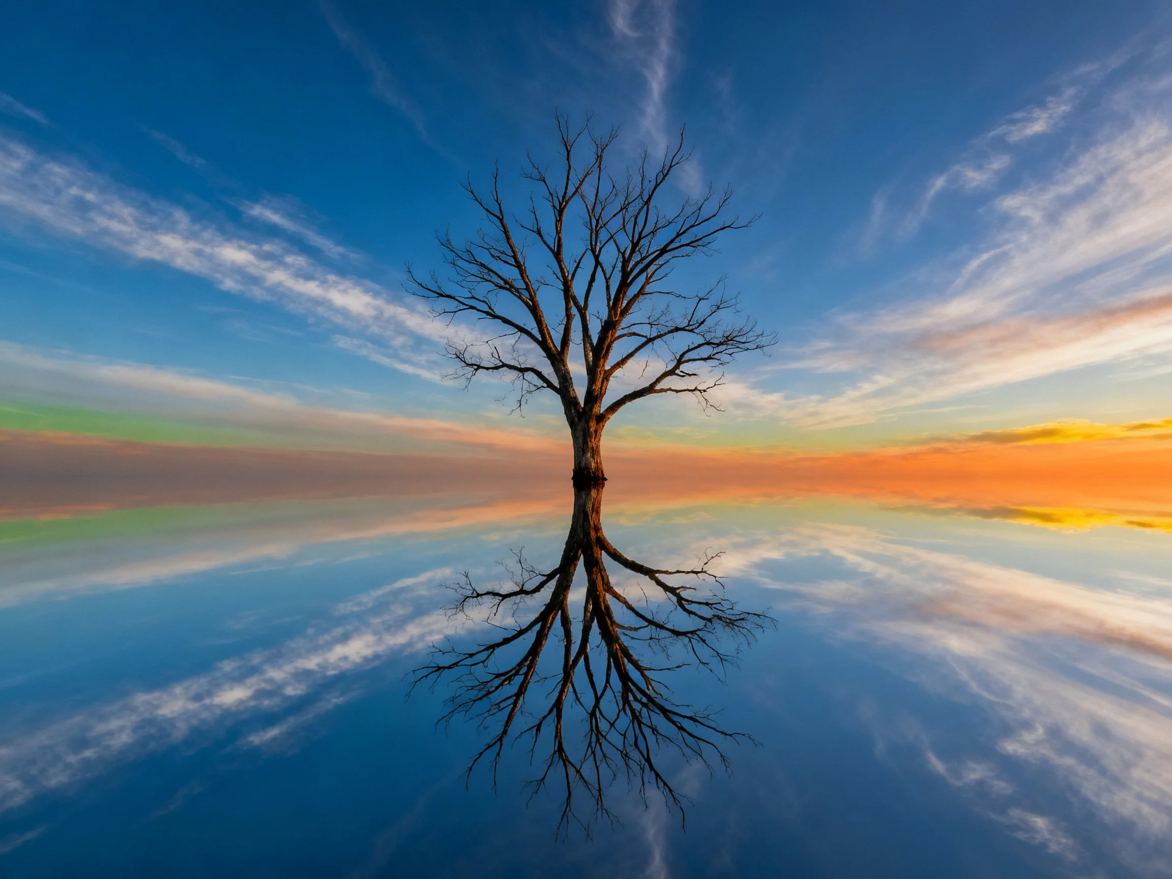 A lone bare tree reflected in calm water under vibrant sky