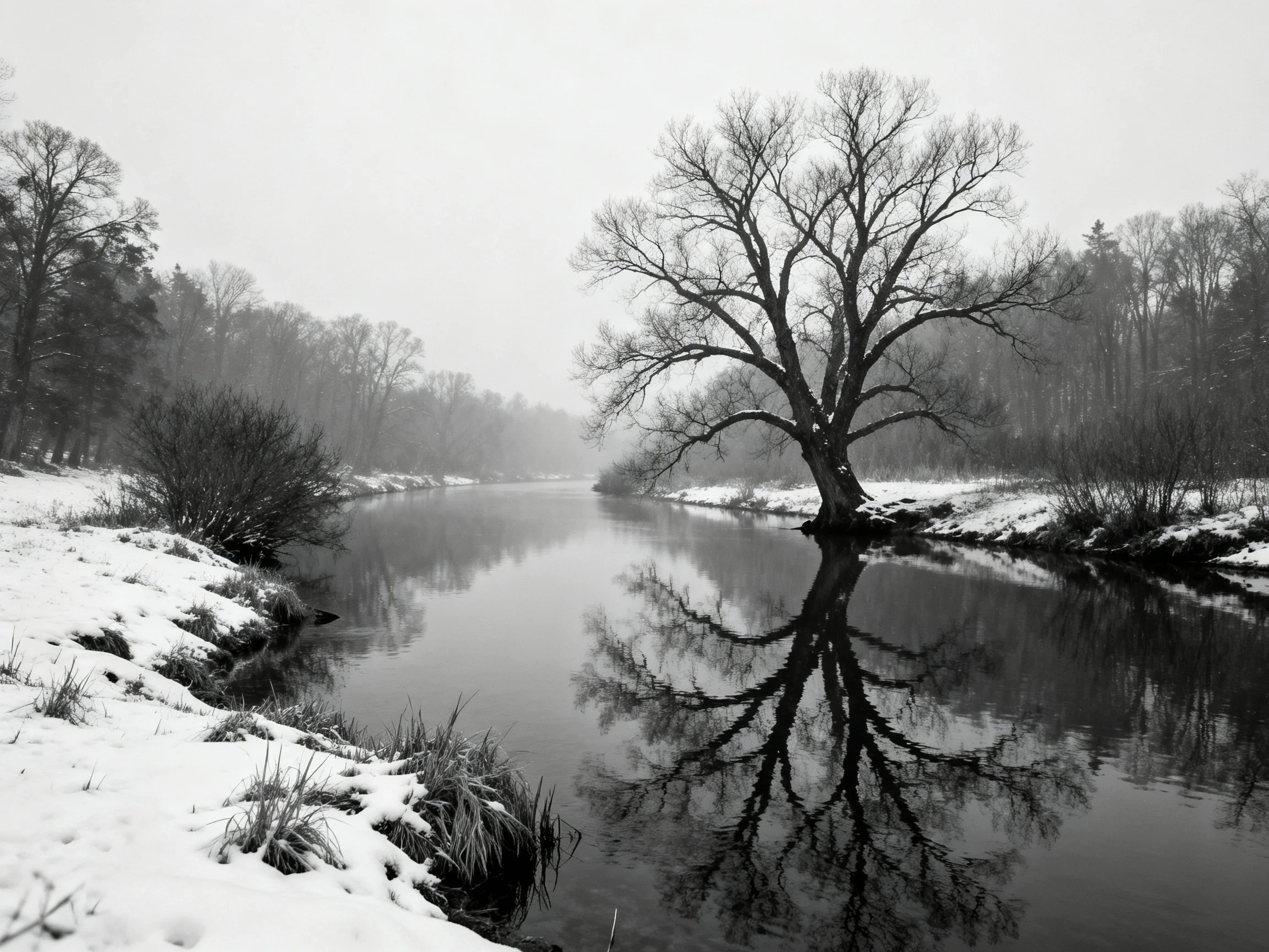 A lone bare tree reflects in a snow - covered river with forest surroundings.