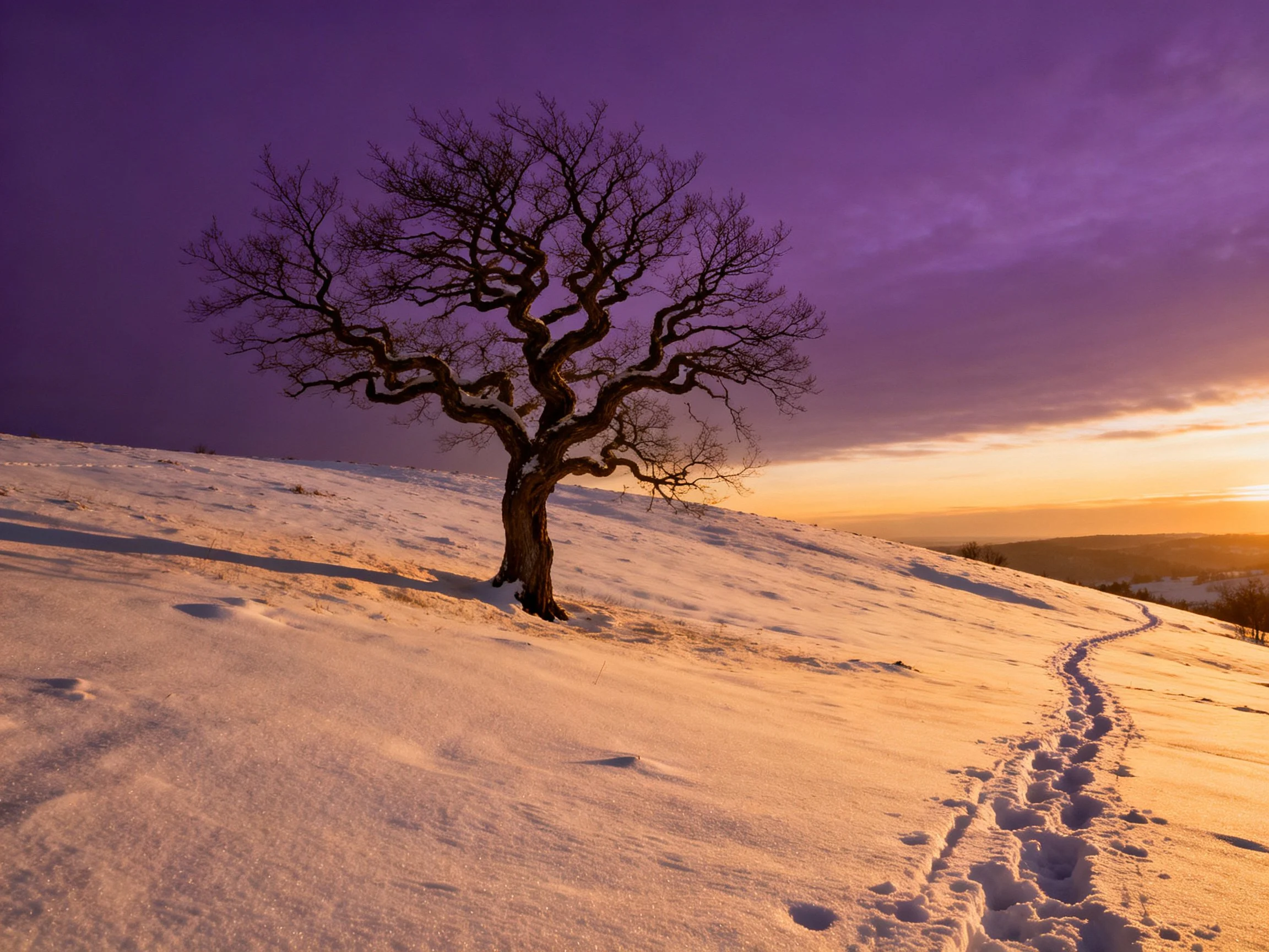 A lone bare tree sits atop a snow - blanketed hill under dramatic purple skies.