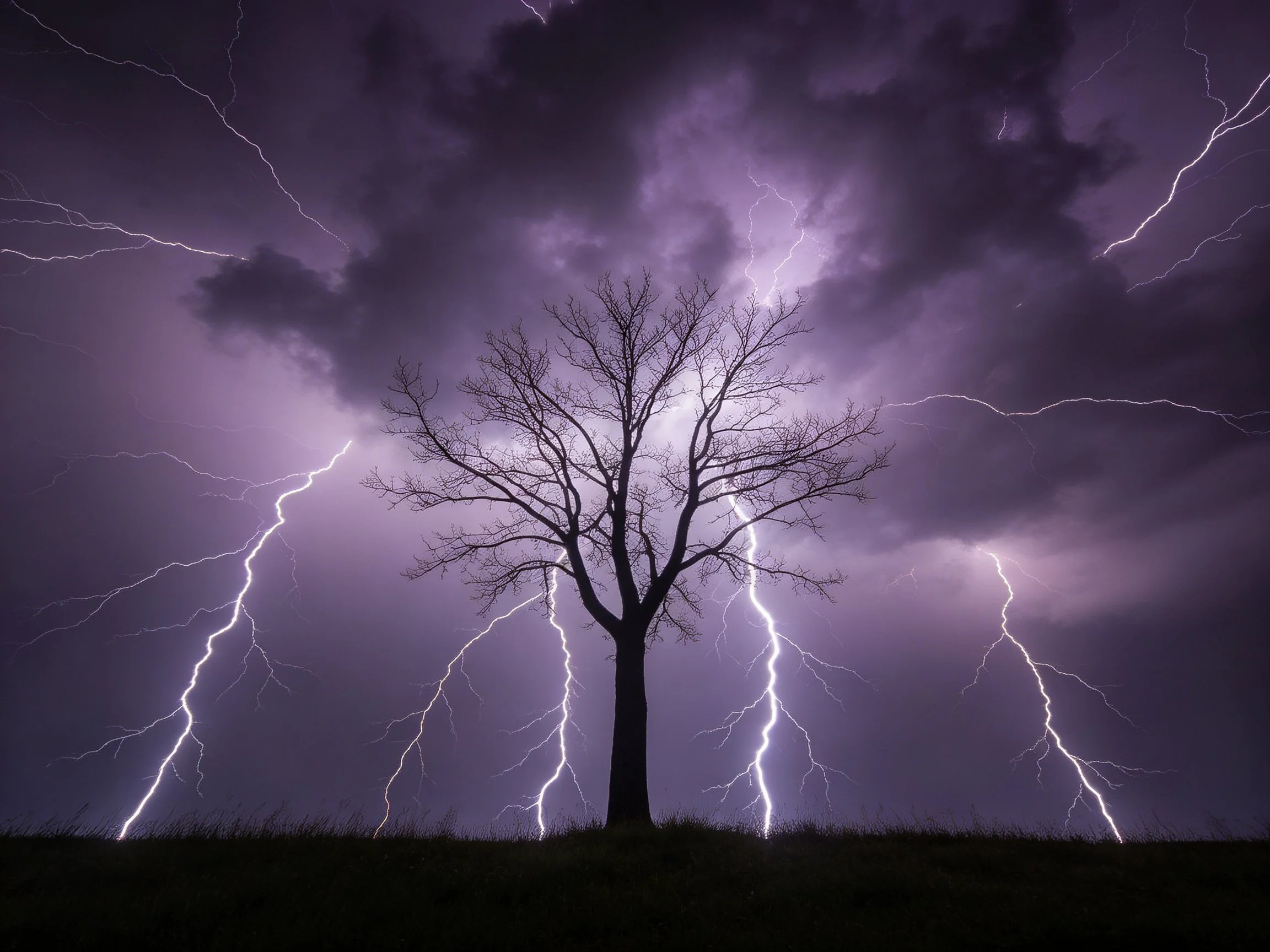 A lone bare tree stands against a stormy purple sky with multiple lightning bolts