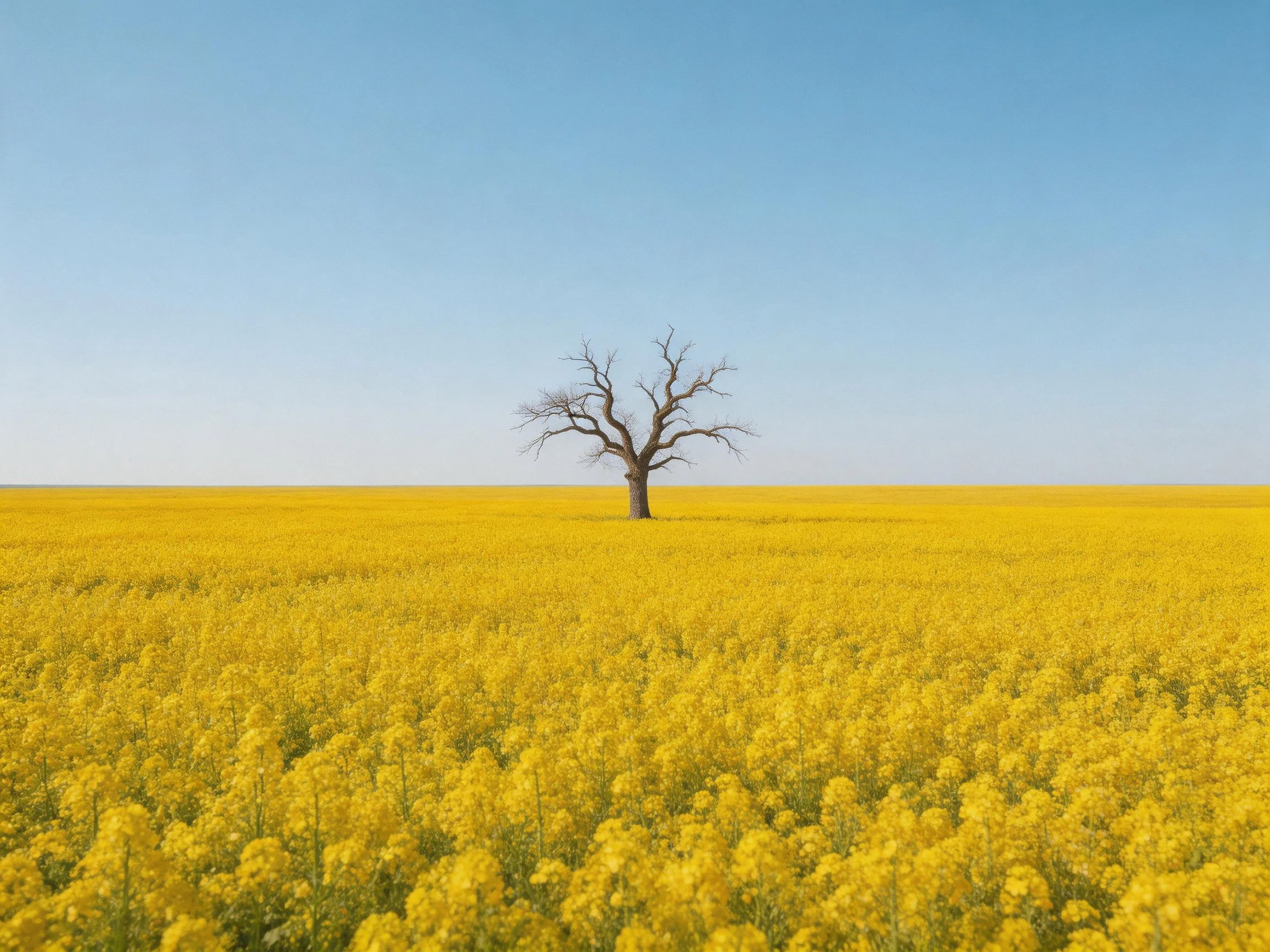 A lone bare tree stands amid a vast golden flower field under clear blue sky