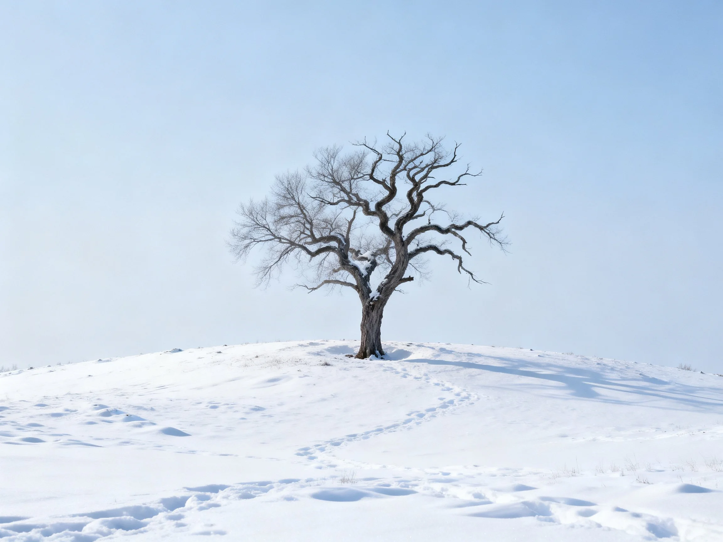 A lone bare tree stands atop a snow-covered hill under pale blue sky
