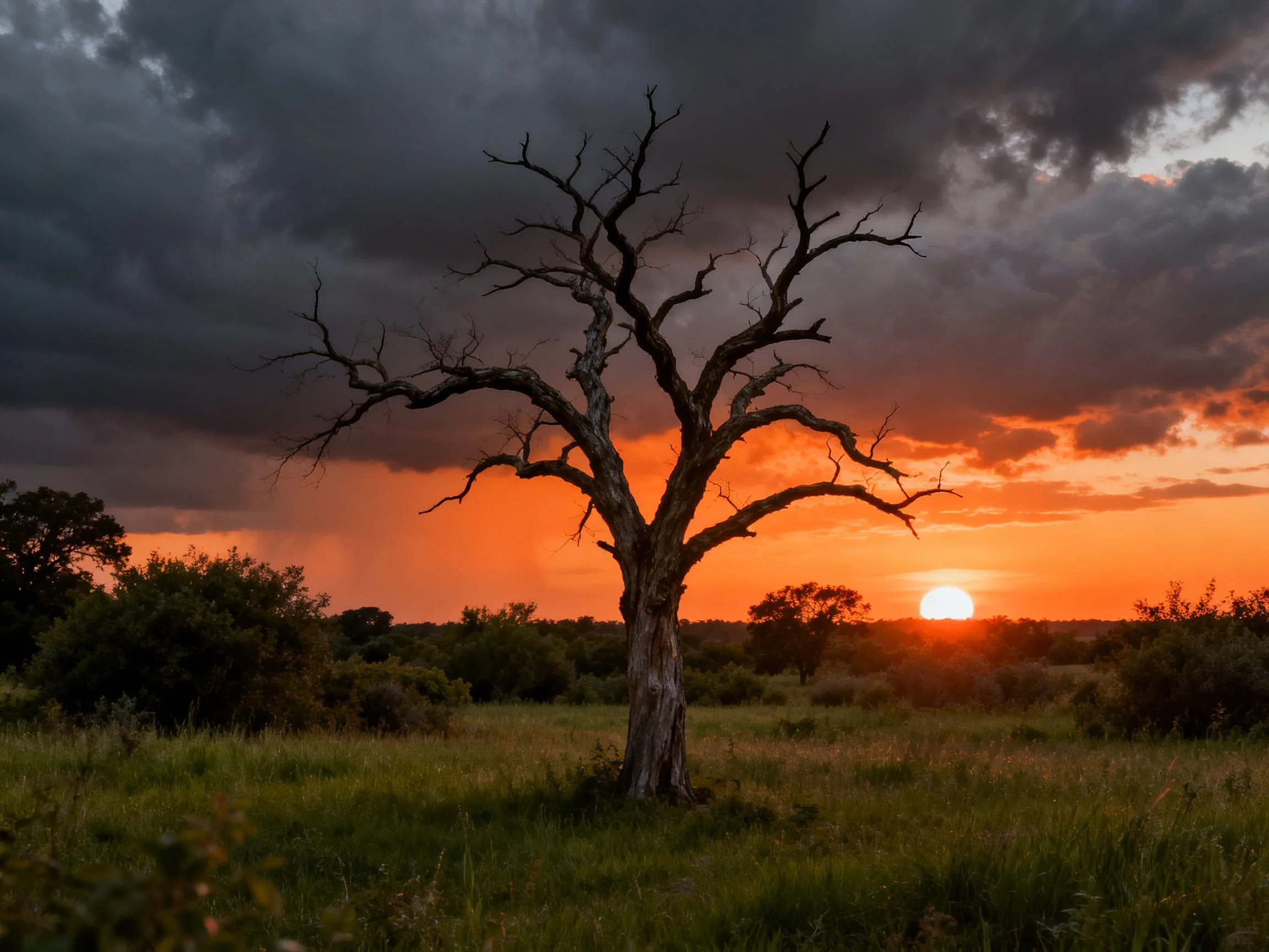 A lone bare tree stands before a vibrant sunset with dark clouds