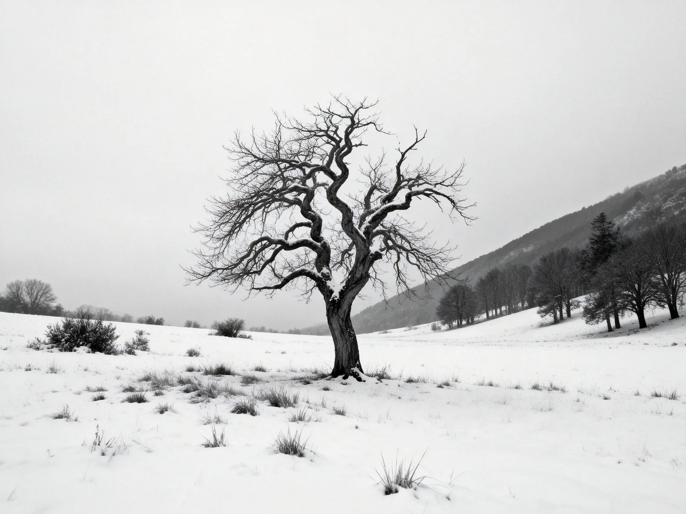 A lone bare tree stands in a snow - covered valley with distant hills