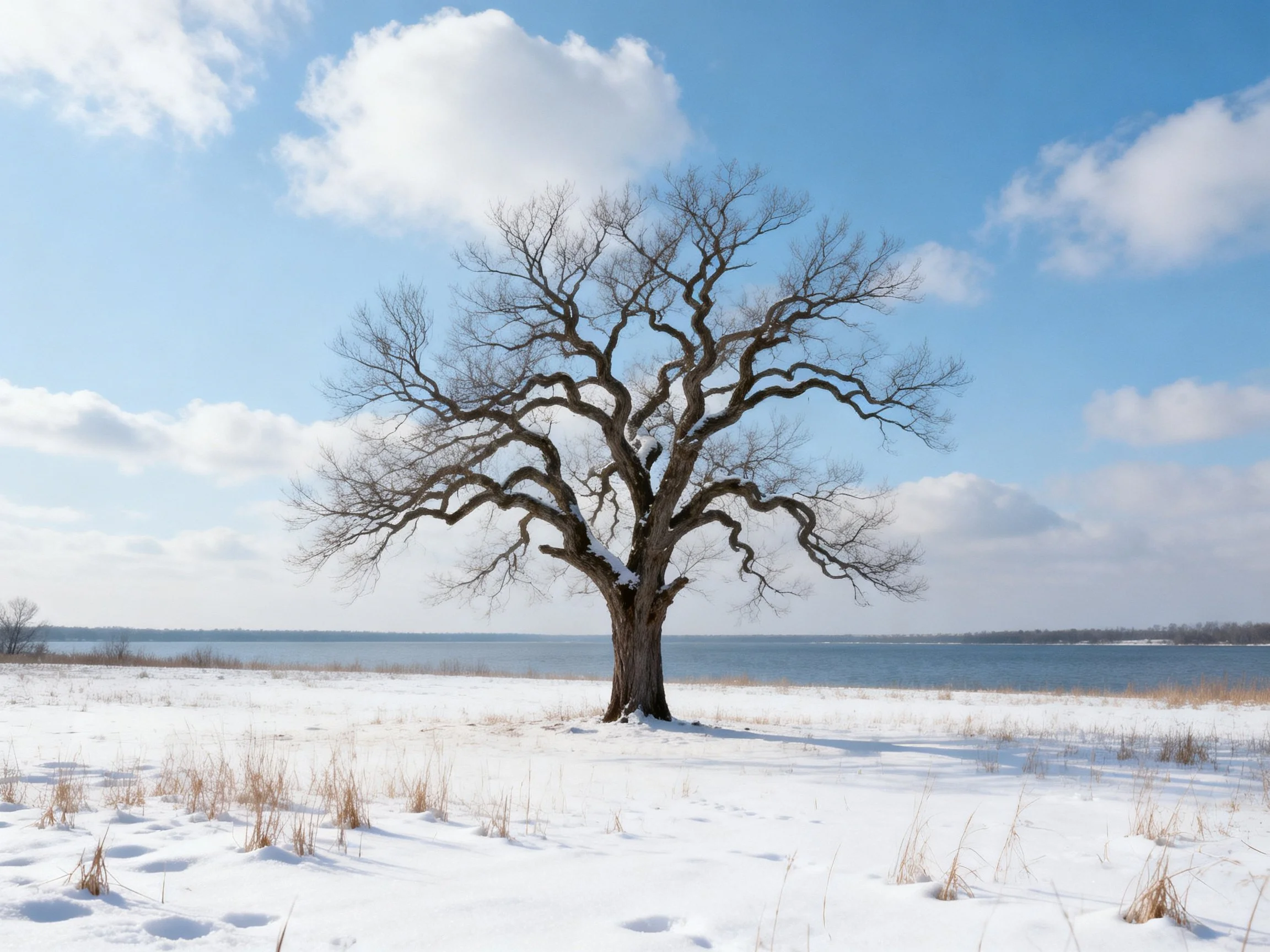 A lone bare tree stands in a snowy field near a calm lake