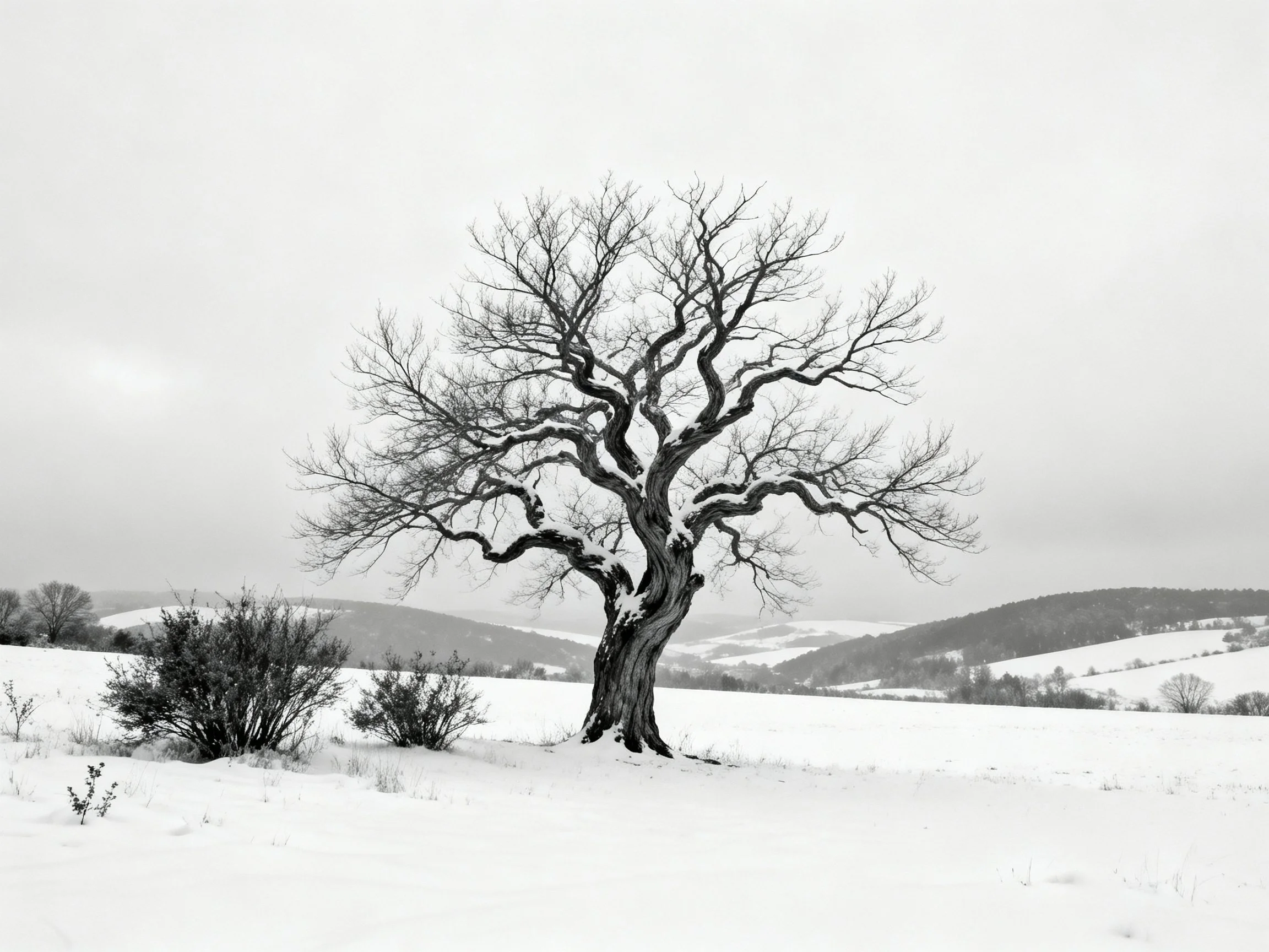 A lone bare tree stands in a snowy winter field with rolling hills