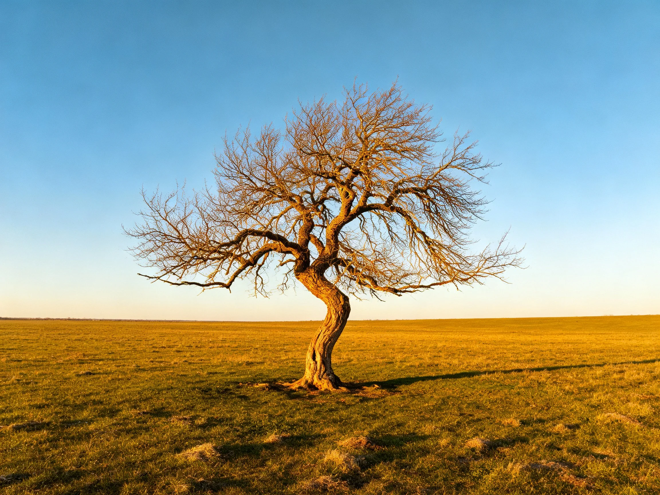 A lone bare tree stands in a vast golden field under clear blue sky
