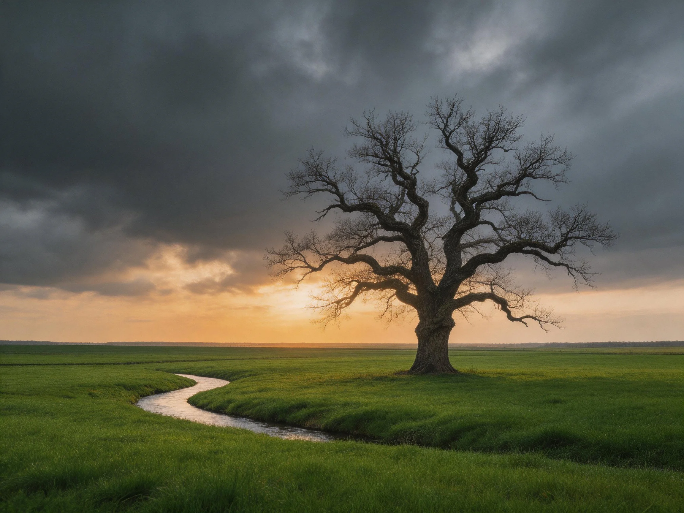 A lone bare tree stands in a vast green field near a winding stream under stormy skies