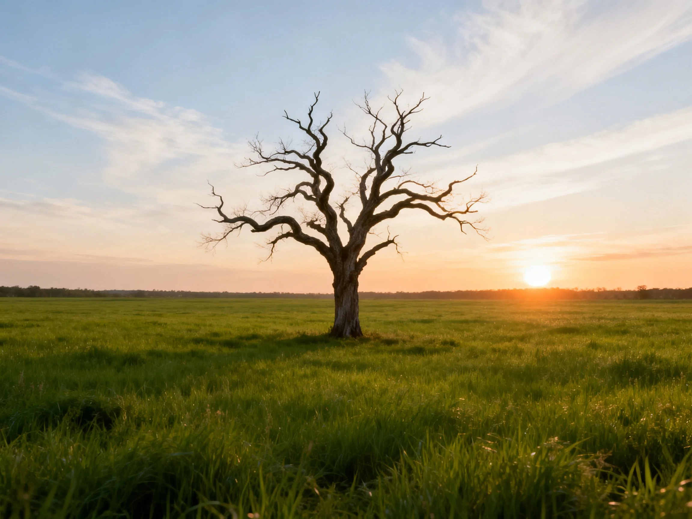 A lone bare tree stands in a vast green meadow at sunset
