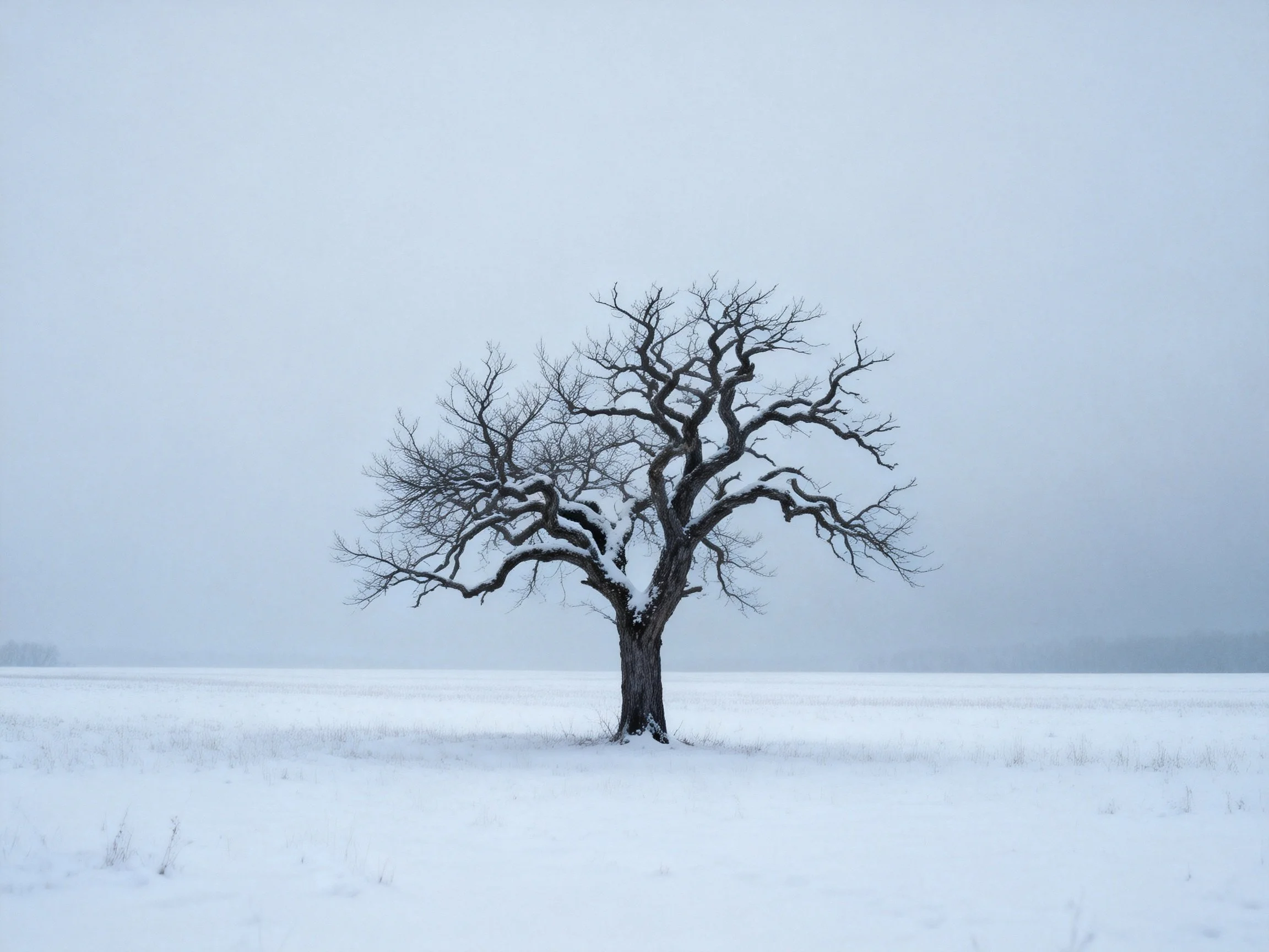 A lone bare tree stands in a vast snow-covered field