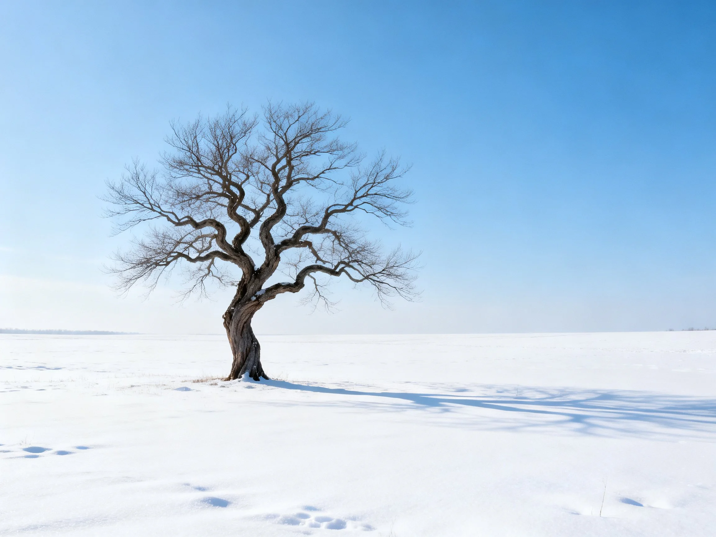 A lone bare tree stands in an expansive white snowfield under clear blue sky