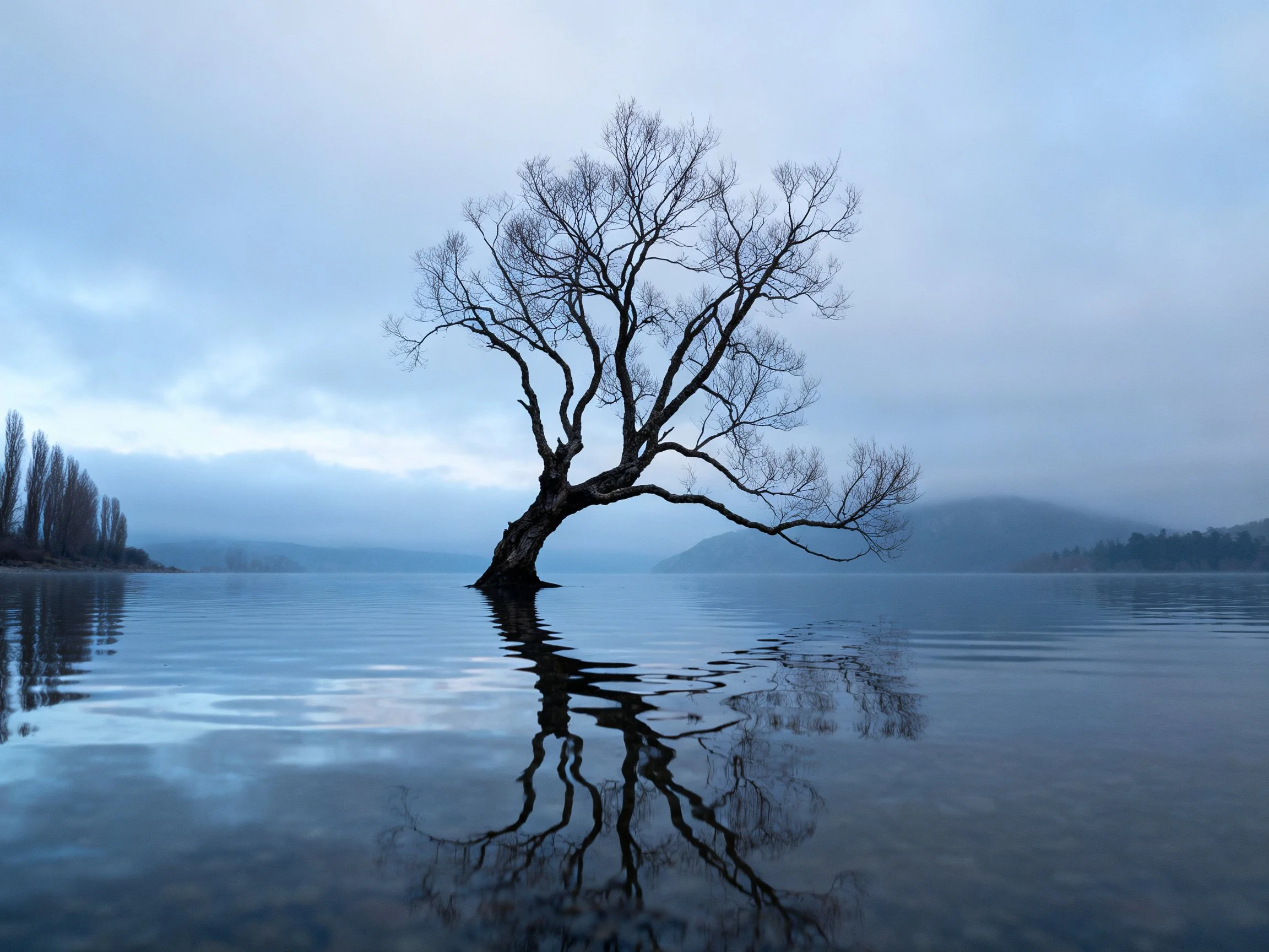 A lone bare tree stands in calm blue waters under a misty sky